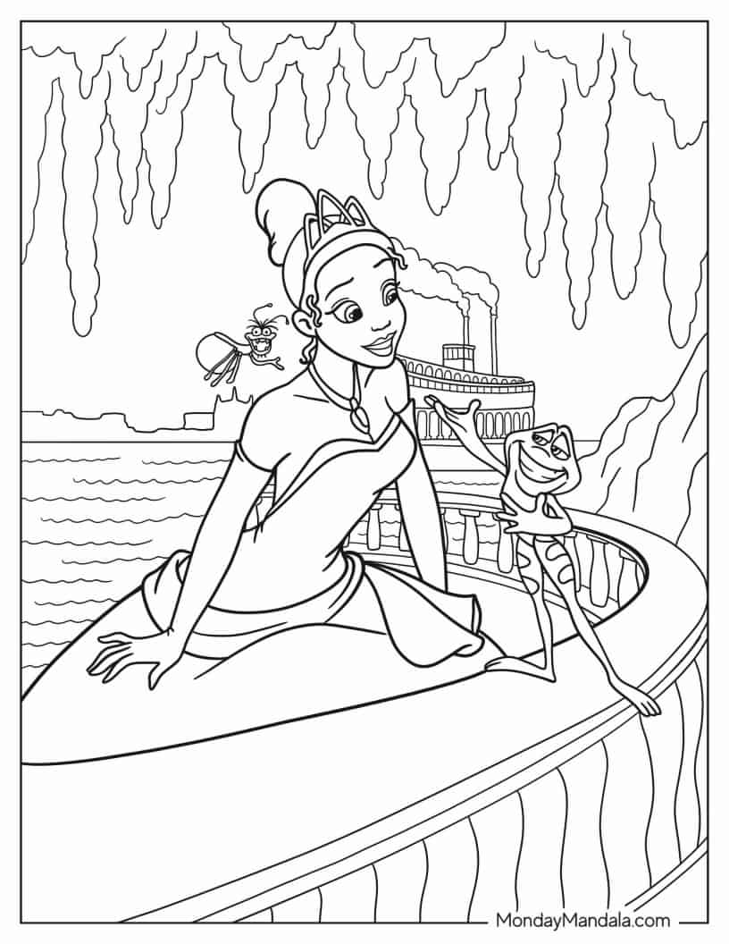 Tiana, Ray, And Frog Prince Naveen On Balcony Coloring In coloring page