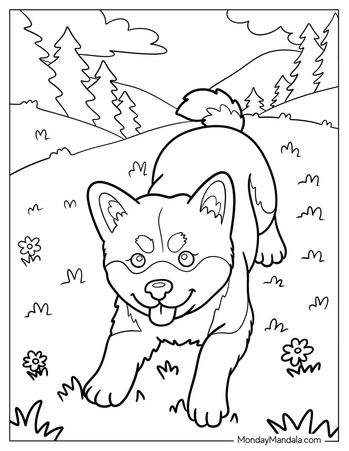 Adorable Akita Puppy Doing a Play Bow On A Flower Field Coloring Page coloring page