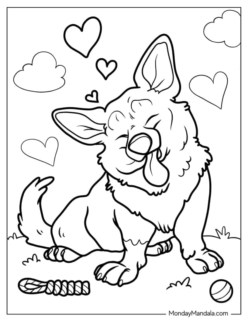 Adorable Corgi Puppy With Hearts Coloring Page coloring page — printable line art