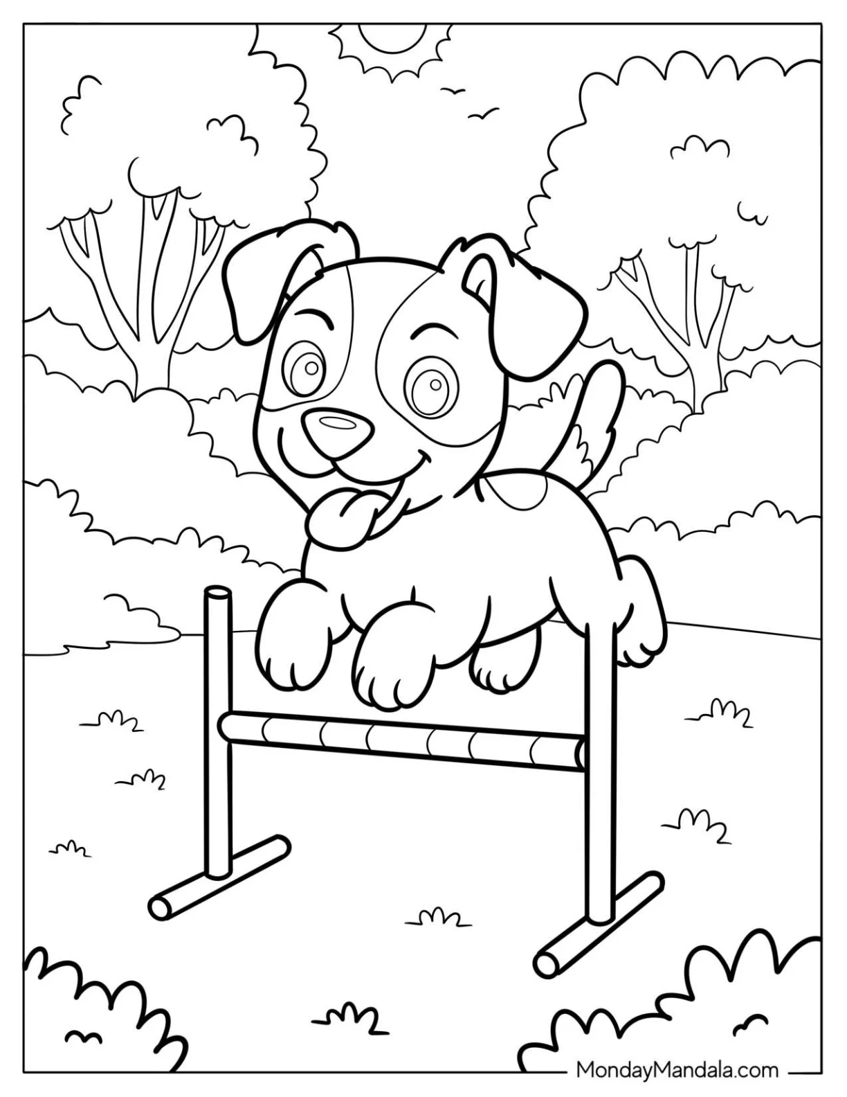 Athletic Jack Russell Puppy Jumping Over a Hurdle coloring page — printable line art