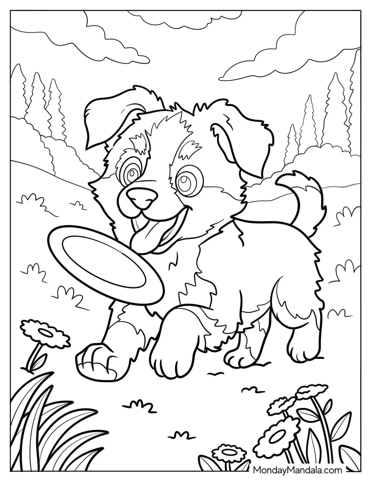 Australian Shepherd Puppy Chasing A Frisbee Coloring Page coloring page — printable line art