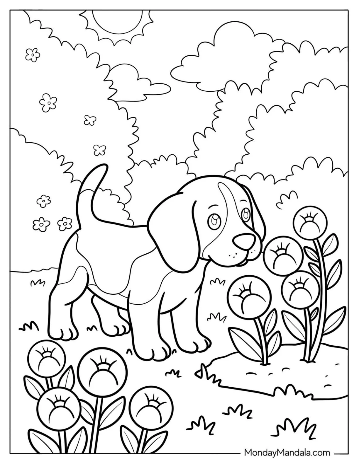 Beagle Puppy Sniffing Blooms in the Backyard coloring page — printable line art