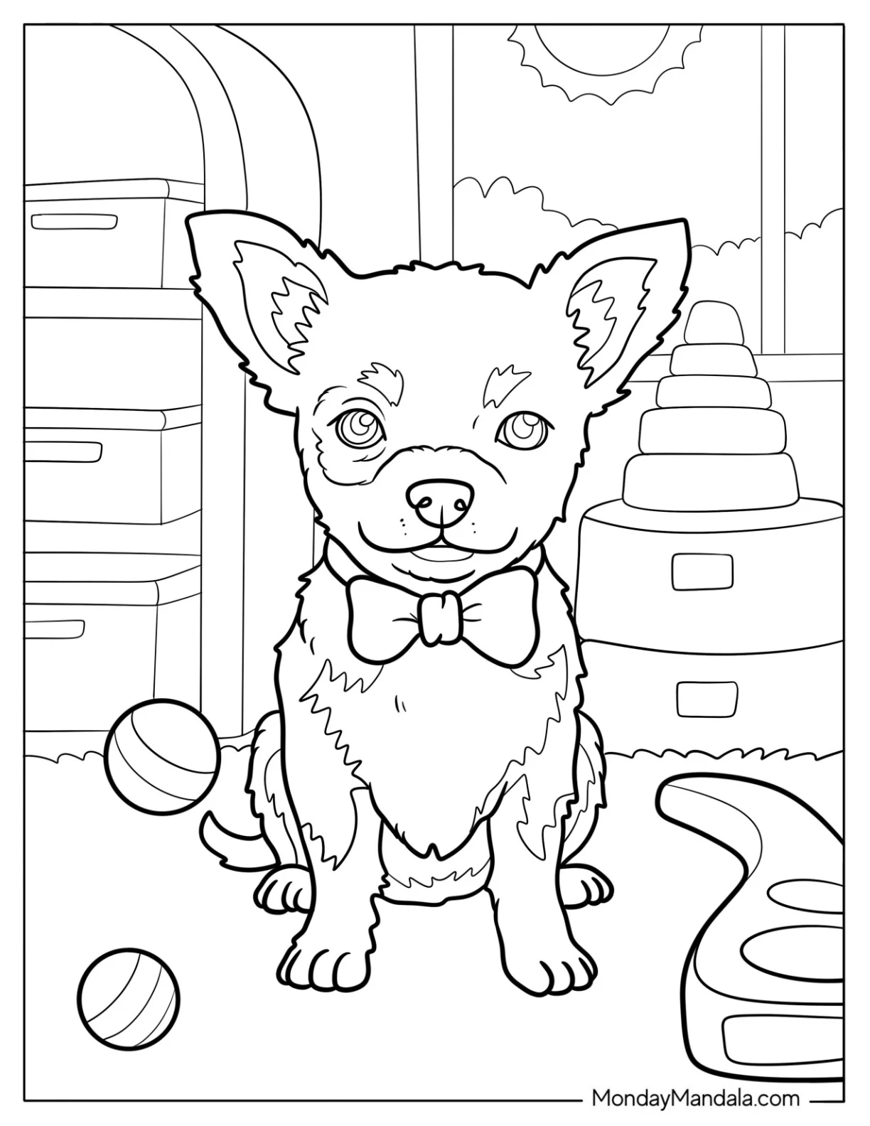 Chihuahua Puppy with Bowtie in a Toy Room coloring page — printable line art