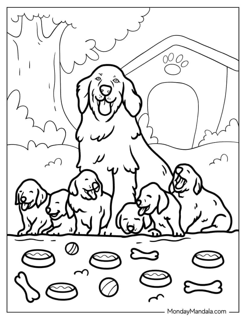 Coloring Page Of Mama Dog With Her Puppies coloring page — printable line art
