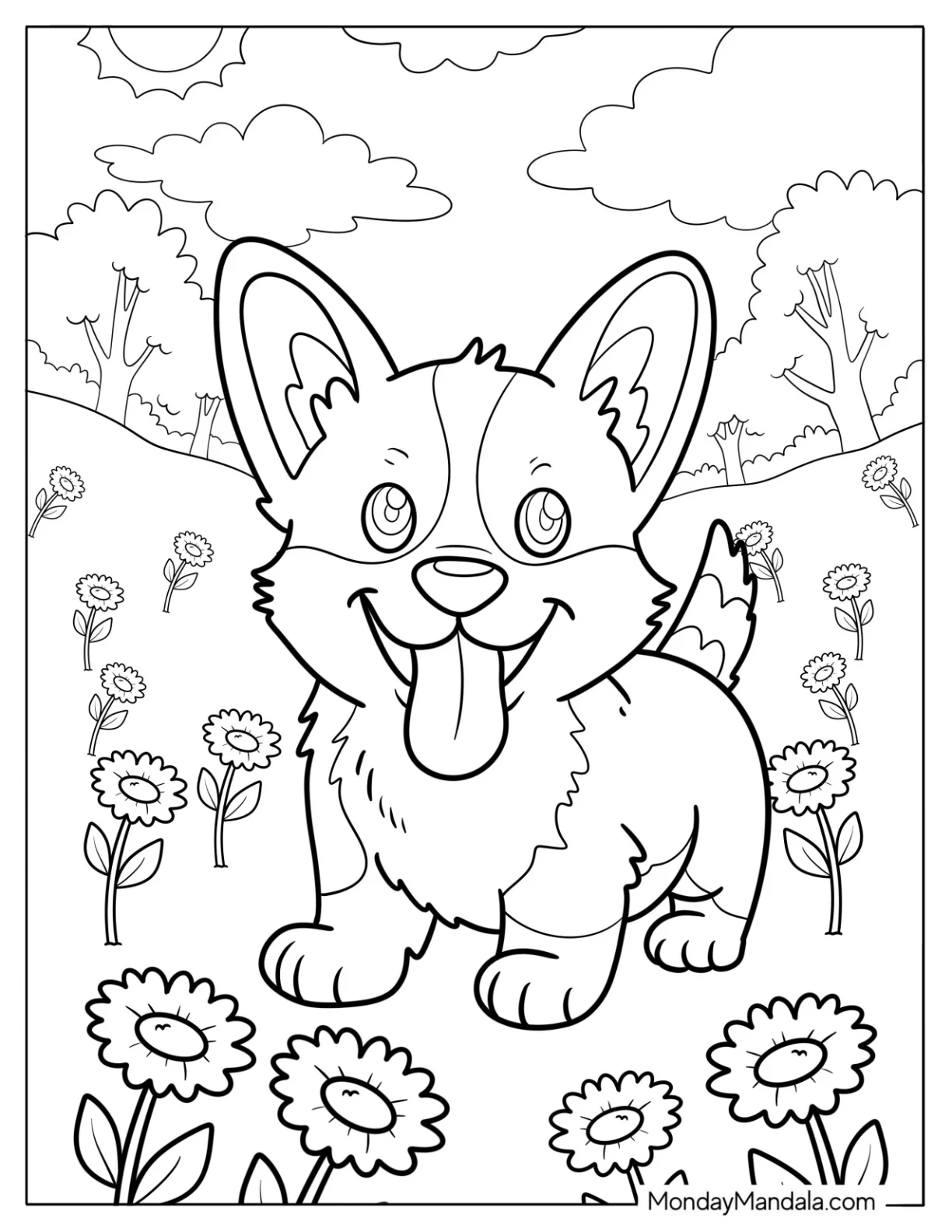 Corgi Puppy in a Daisy Field Coloring Page For Kids coloring page