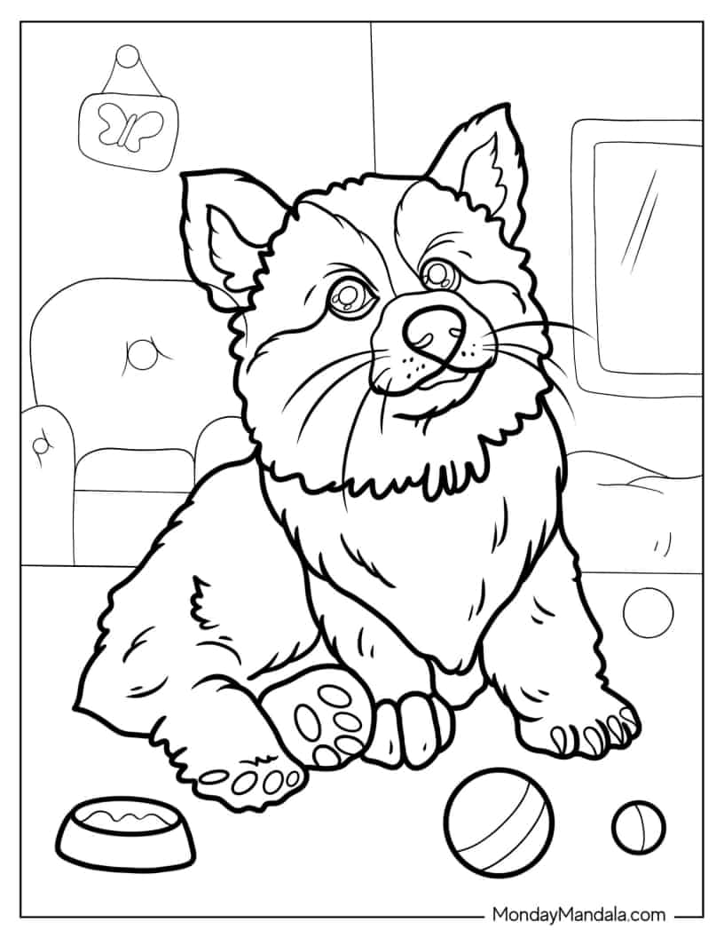 Corgi Puppy In The Living Room coloring page — printable line art