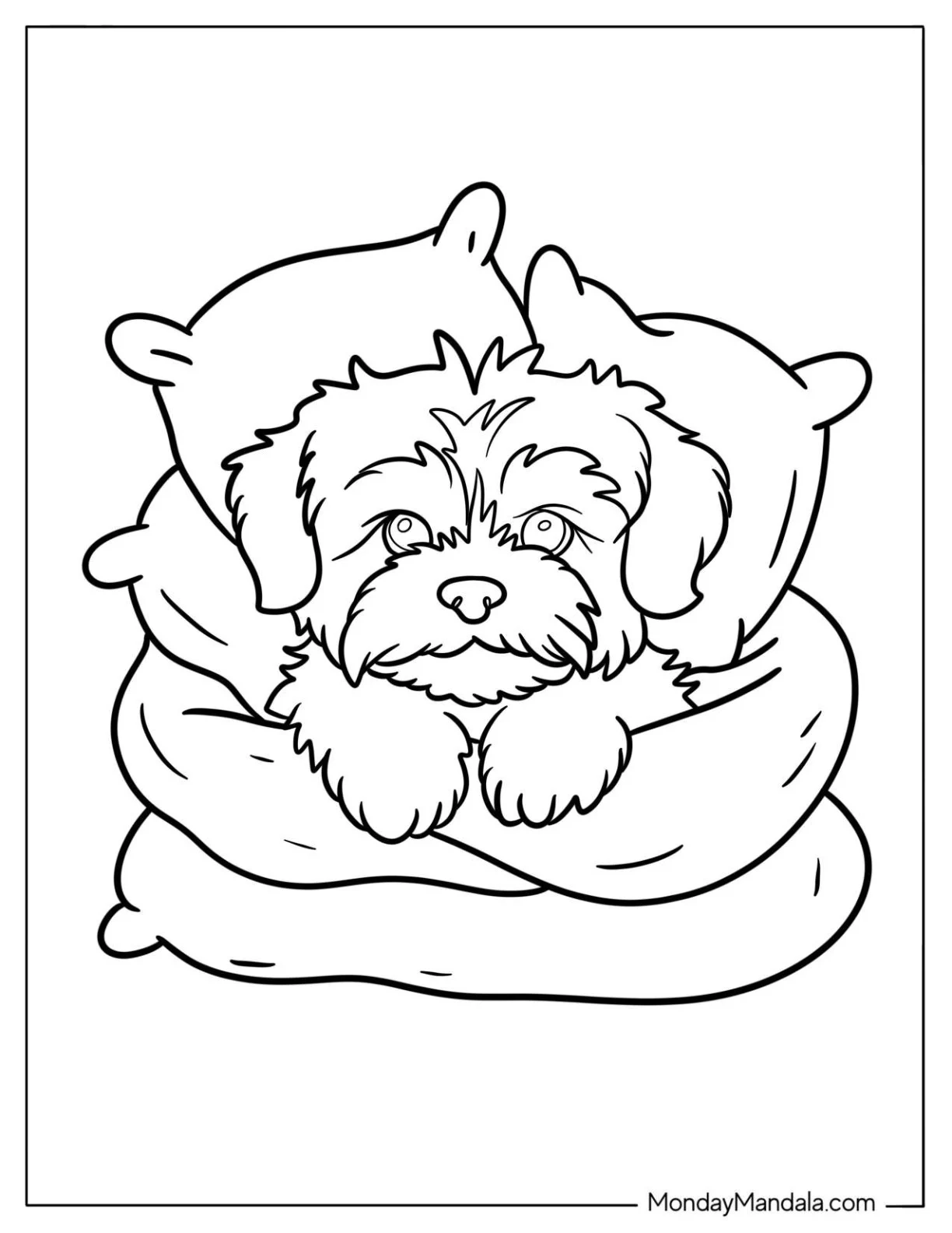 Cozy Havanese Puppy Nestled in Pillows Coloring Page For Kids coloring page