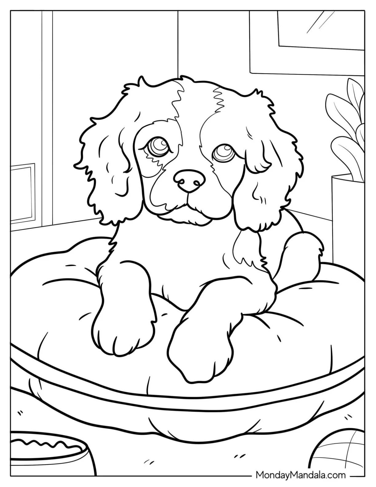 Cuddly Cavalier King Charles Spaniel Puppy on a Cushion Coloring Page coloring page — printable line art