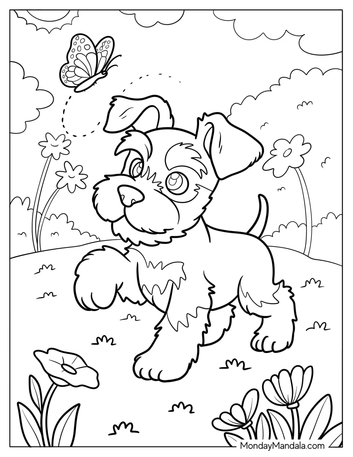 Curious Schnauzer Puppy in a Flower Field Chasing a Butterfly Coloring Sheet coloring page