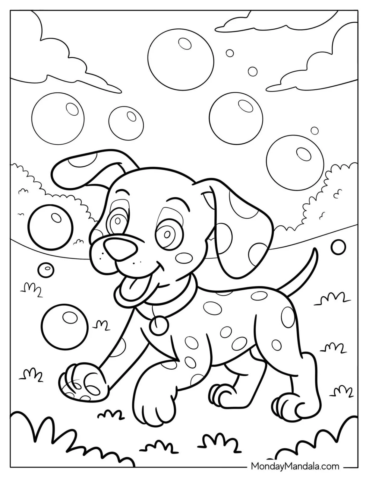 Dalmatian Puppy Chasing Bubbles In The Park coloring page — printable line art