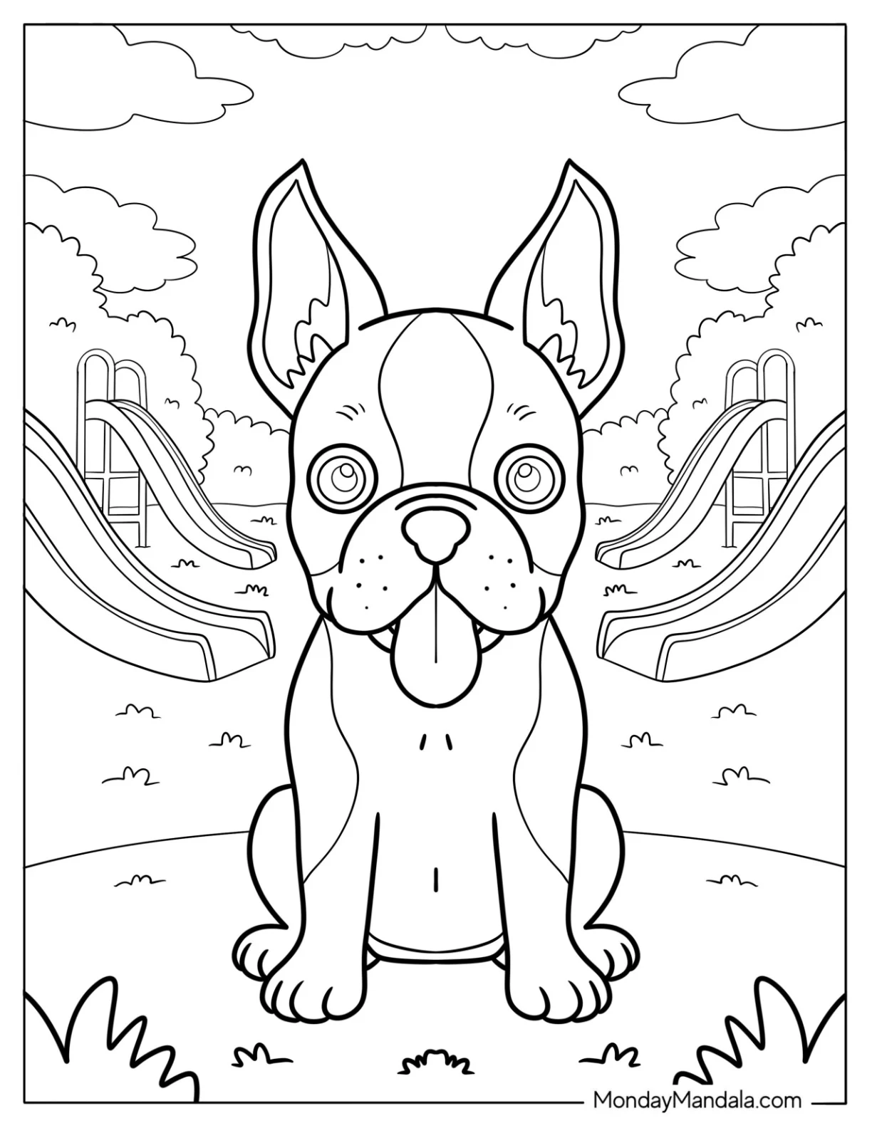 Easy Boston Terrier Puppy Sitting at the Playground Coloring Page For Kids coloring page — printable line art