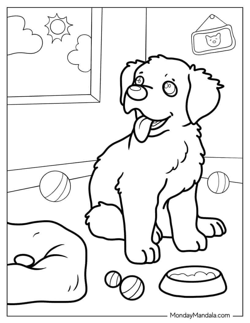 Easy Outline Of Puppy Playing Indoors Coloring Sheet coloring page — printable line art