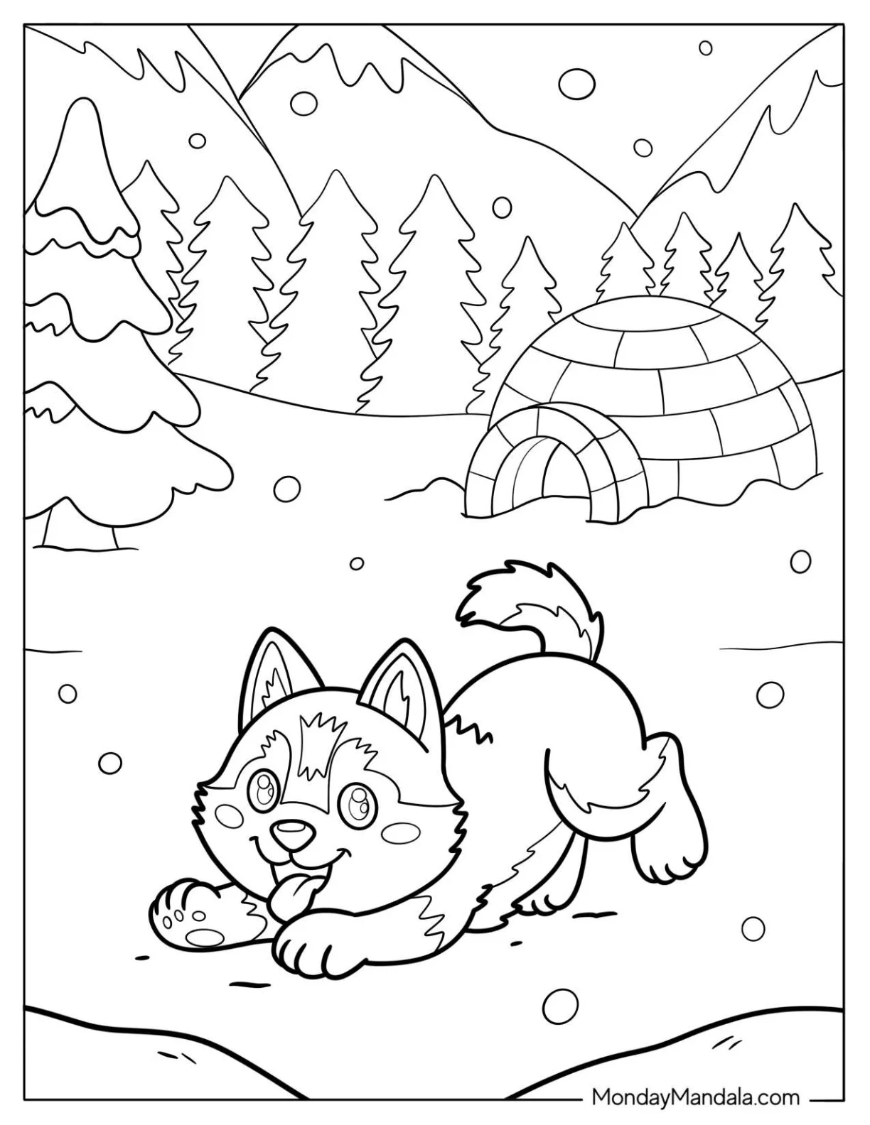 Energetic Husky Puppy with Igloo and Mountains In Winter coloring page — printable line art