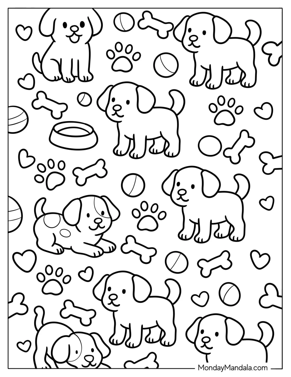 Full Page Cute Cartoon Puppies with Toys and Treats Coloring Sheet For Kids coloring page