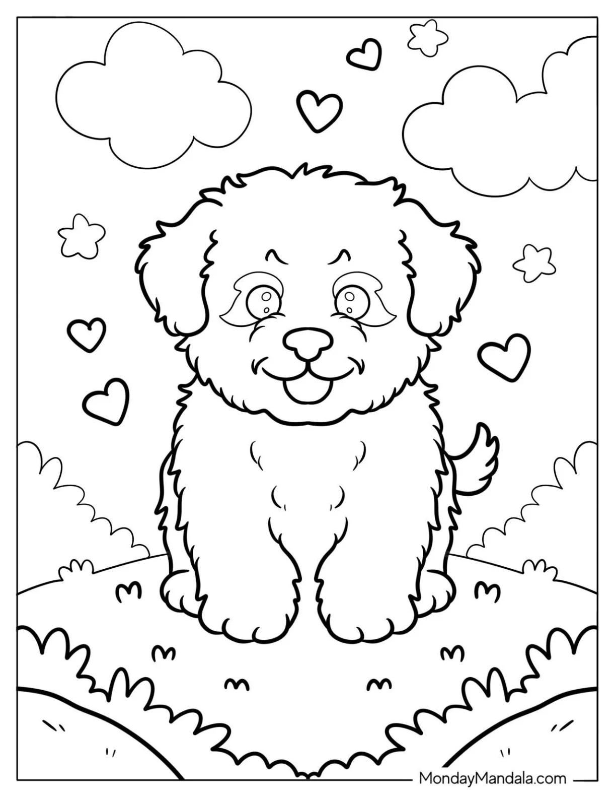 Happy Bichon Frise Puppy with Love Hearts, Stars, and Clouds Coloring Page For Preschoolers coloring page — printable line art