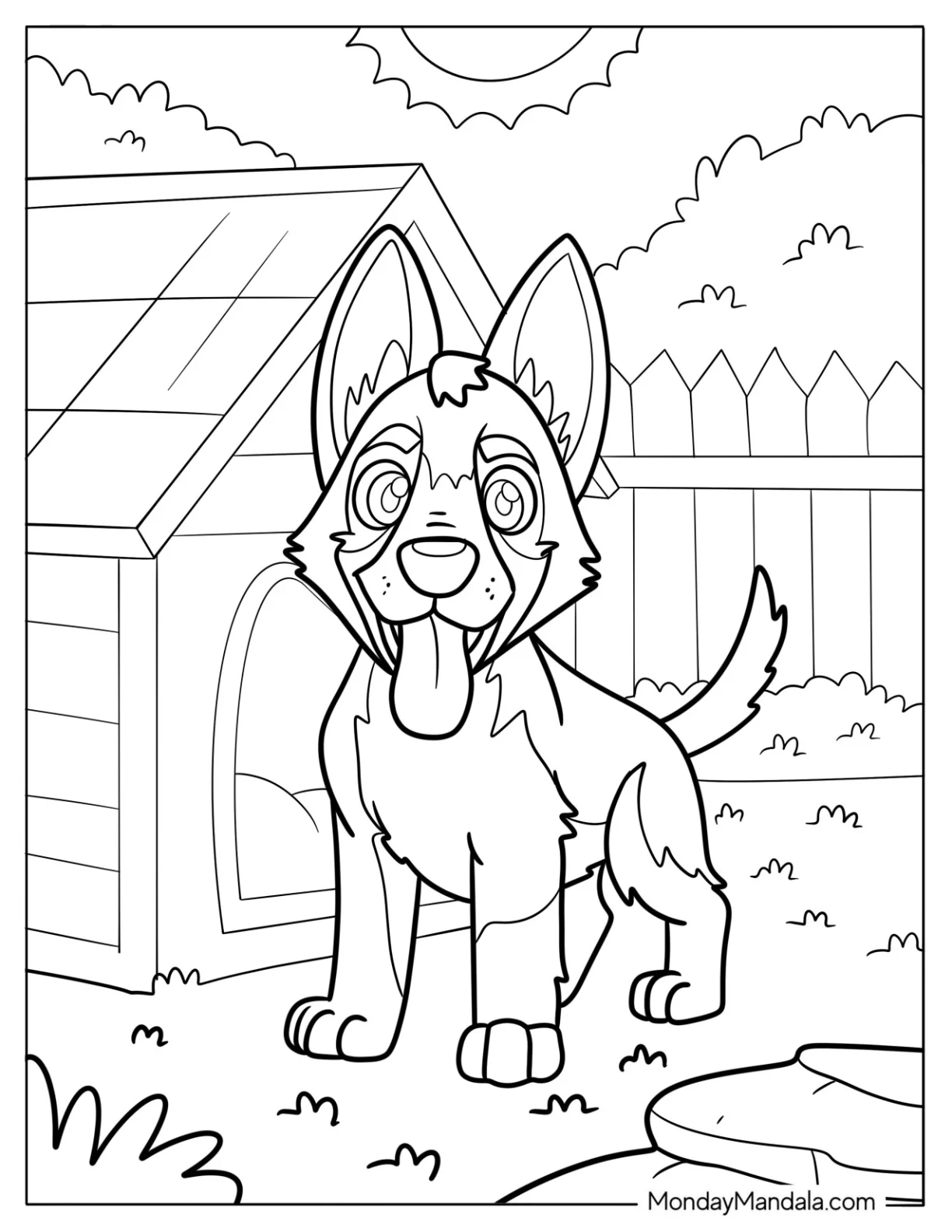 Happy German Shepherd Puppy with Tongue Out In Front Of Dog House Coloring Page coloring page