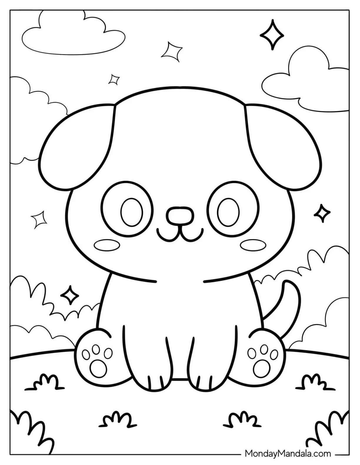 Kawaii Cartoon Puppy Sitting On Grass Coloring Sheet For Preschoolers coloring page — printable line art