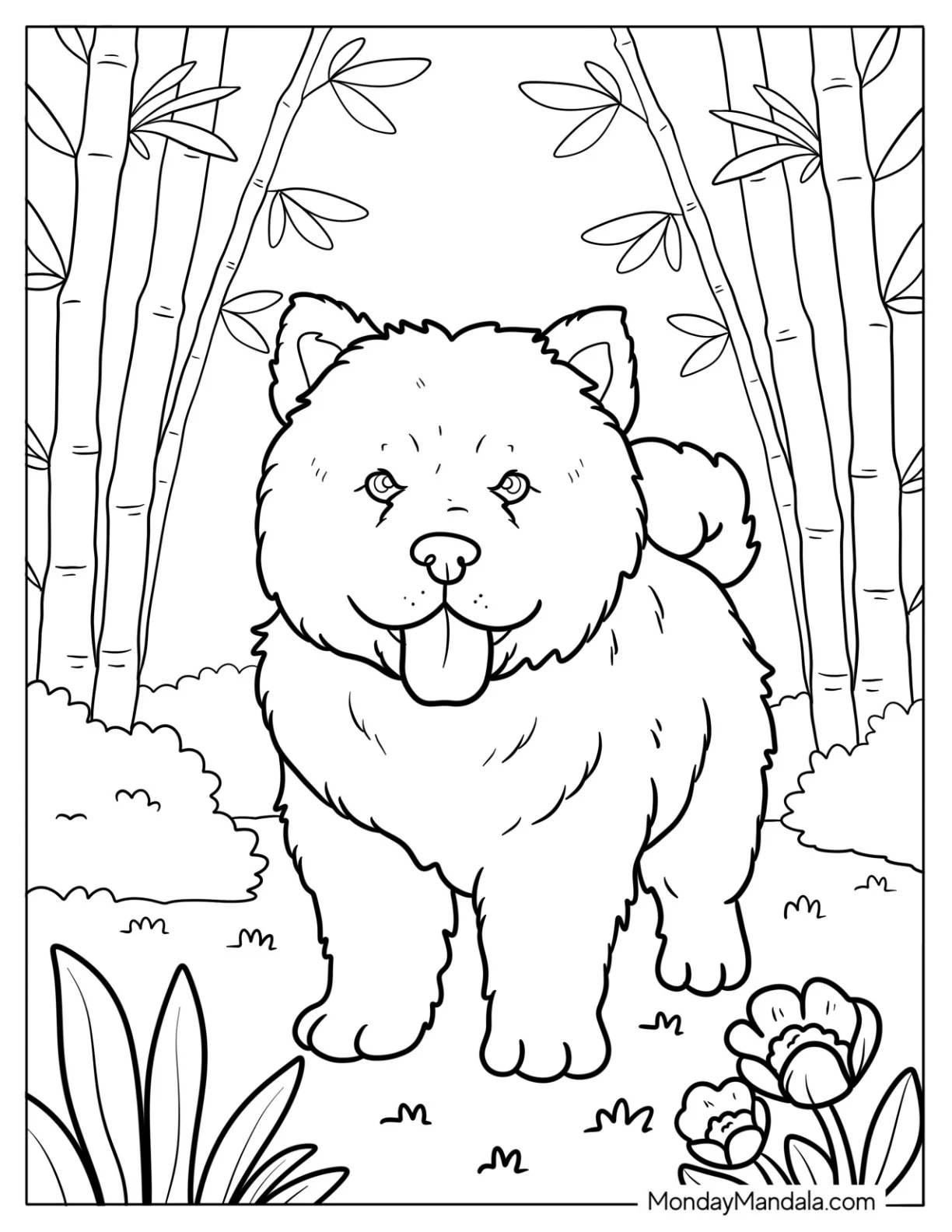 Kawaii Fluffy Chow Chow Puppy in Bamboo Forest Coloring Page For Kids coloring page