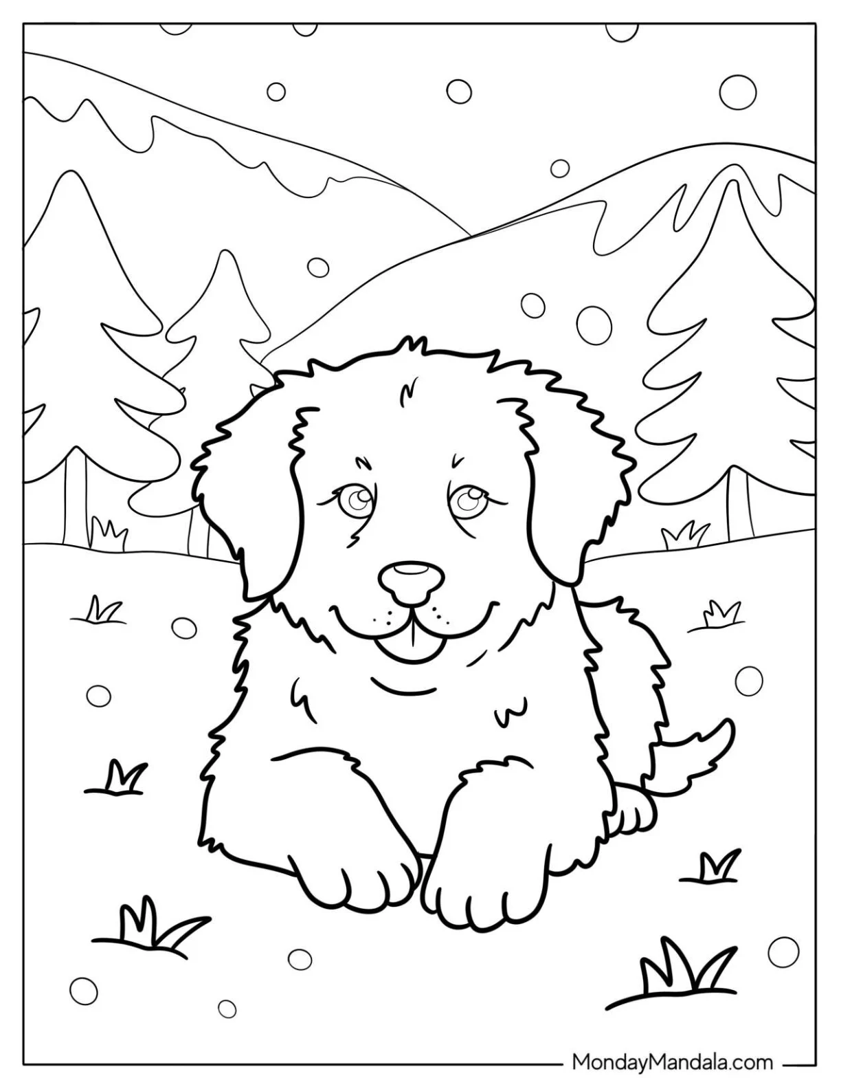 Peaceful Great Pyrenees Puppy Resting In The Snow Coloring Sheet coloring page