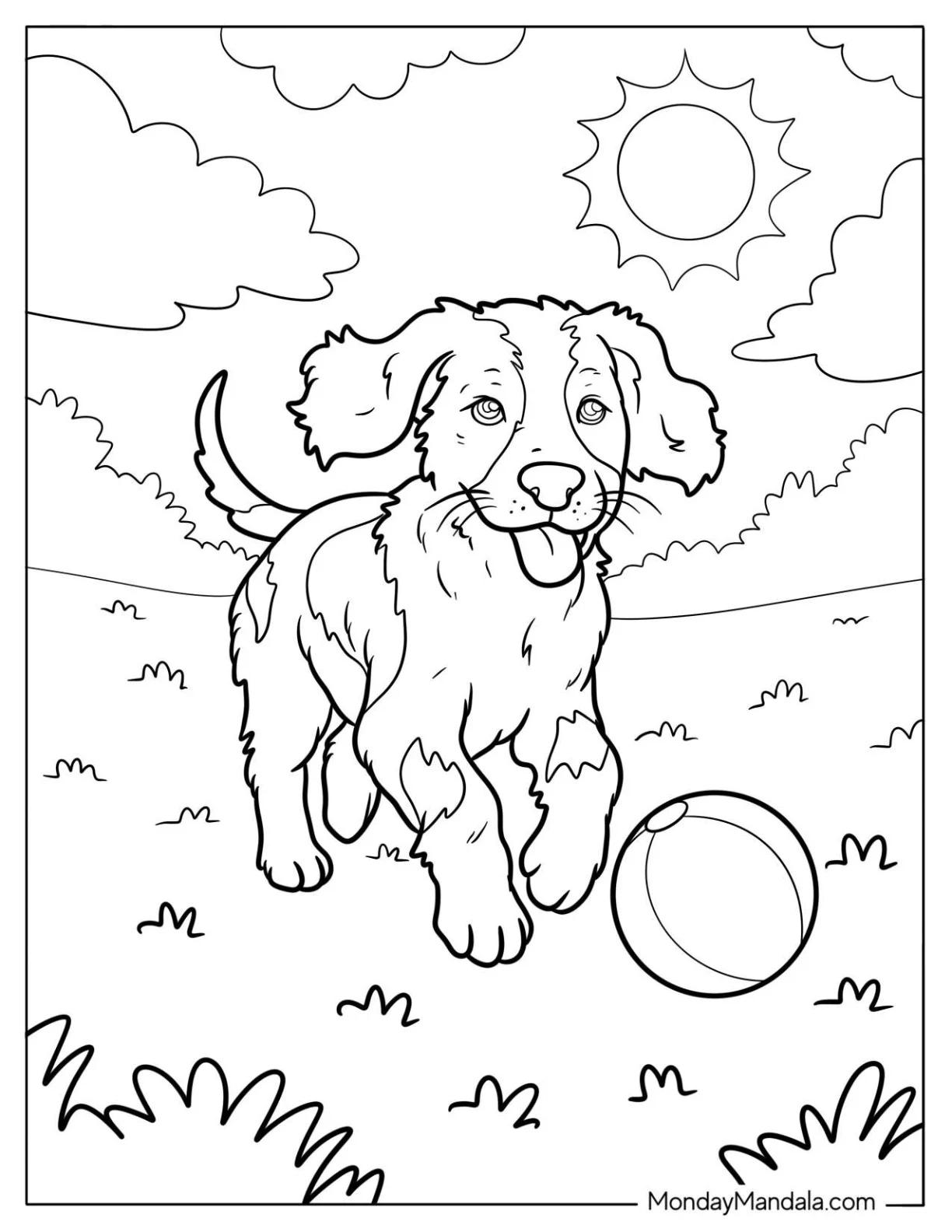 Realistic English Setter Puppy Running After A Ball in the Sunshine coloring page