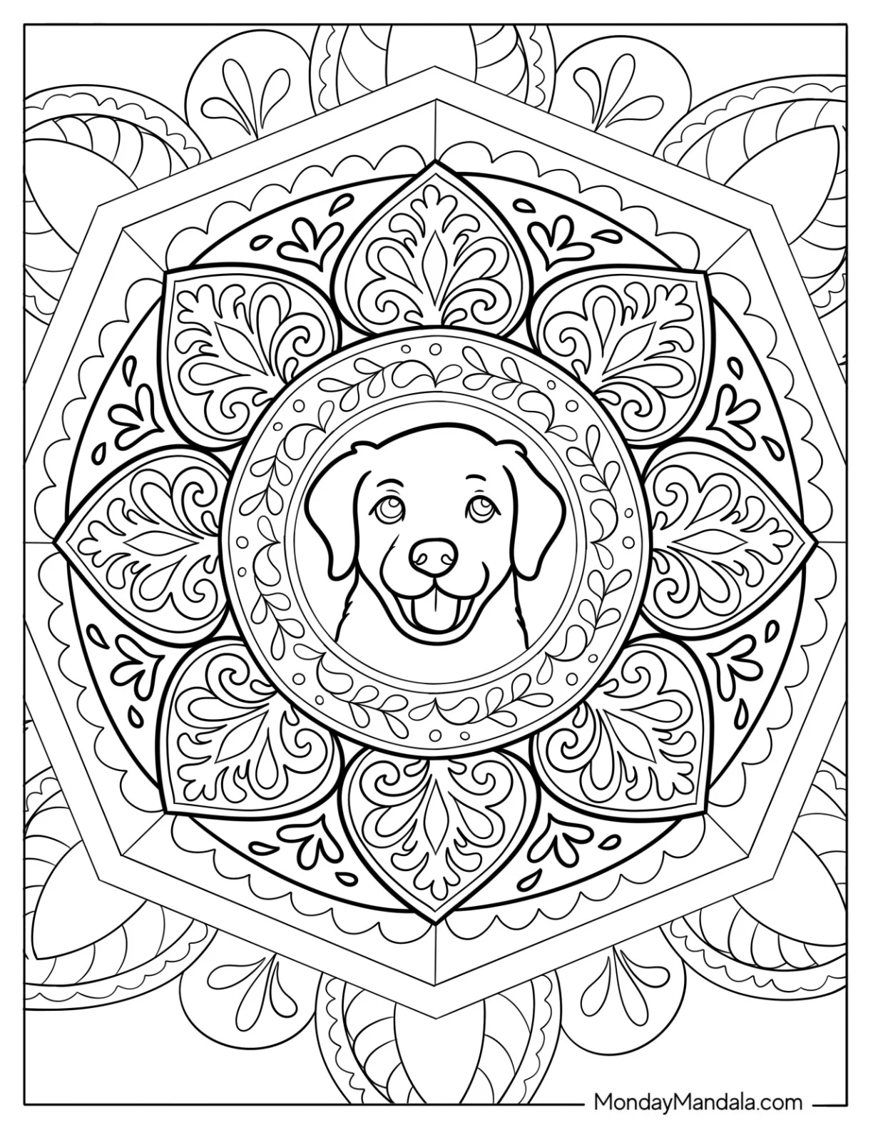 Smiling Labrador Puppy in Floral Mandala Coloring Sheet For Adults coloring page