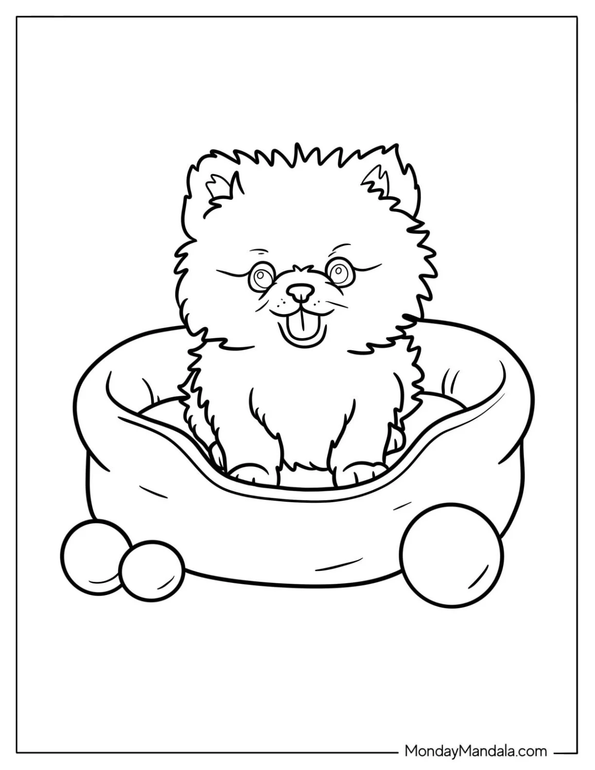 Sweet Pomeranian Puppy in Cozy Dog Bed With Toys Coloring Page For Preschoolers coloring page — printable line art