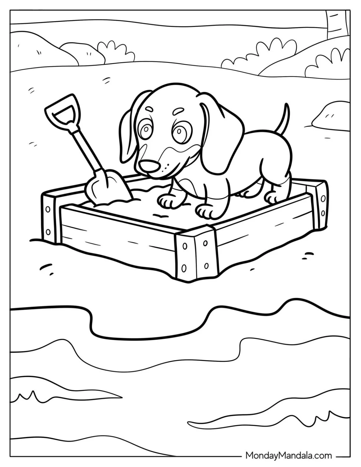 Tiny Dachshund Puppy Digging in a Sandbox Coloring Page For Kids coloring page — printable line art