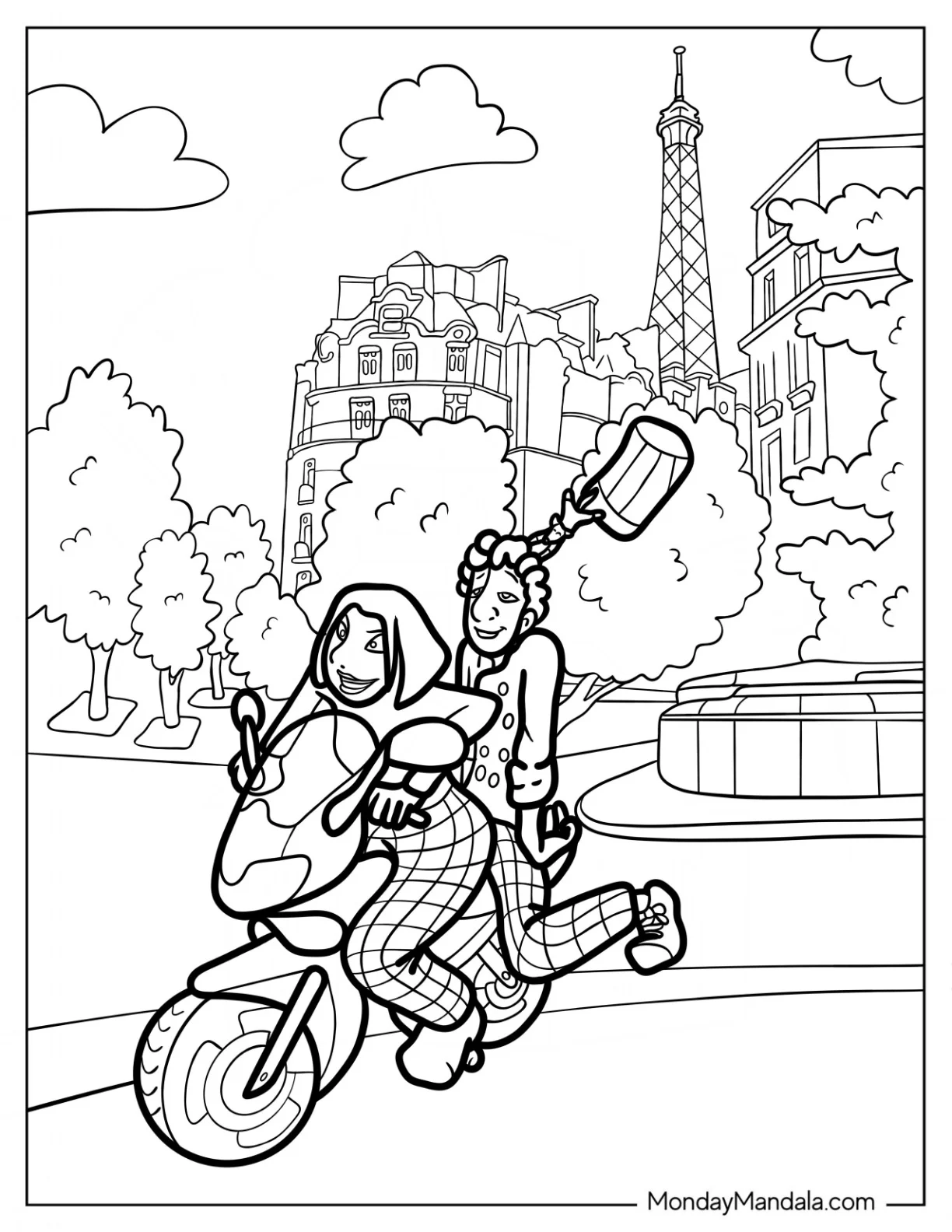 Colette, Alfredo, And Ratatouille Coloring Page Riding A Motorcycle In Paris coloring page