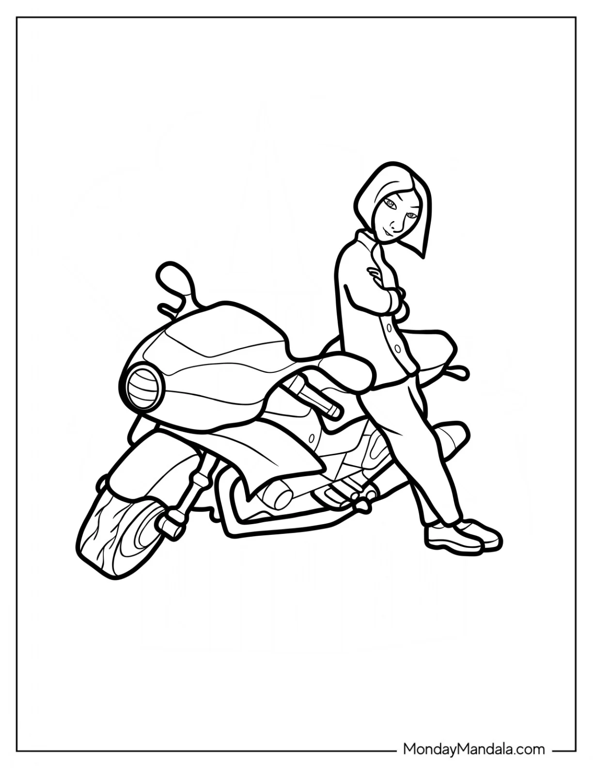 Ratatouille Coloring Page Of Easy Colette Leaning Against Her Motorcycle Outline coloring page