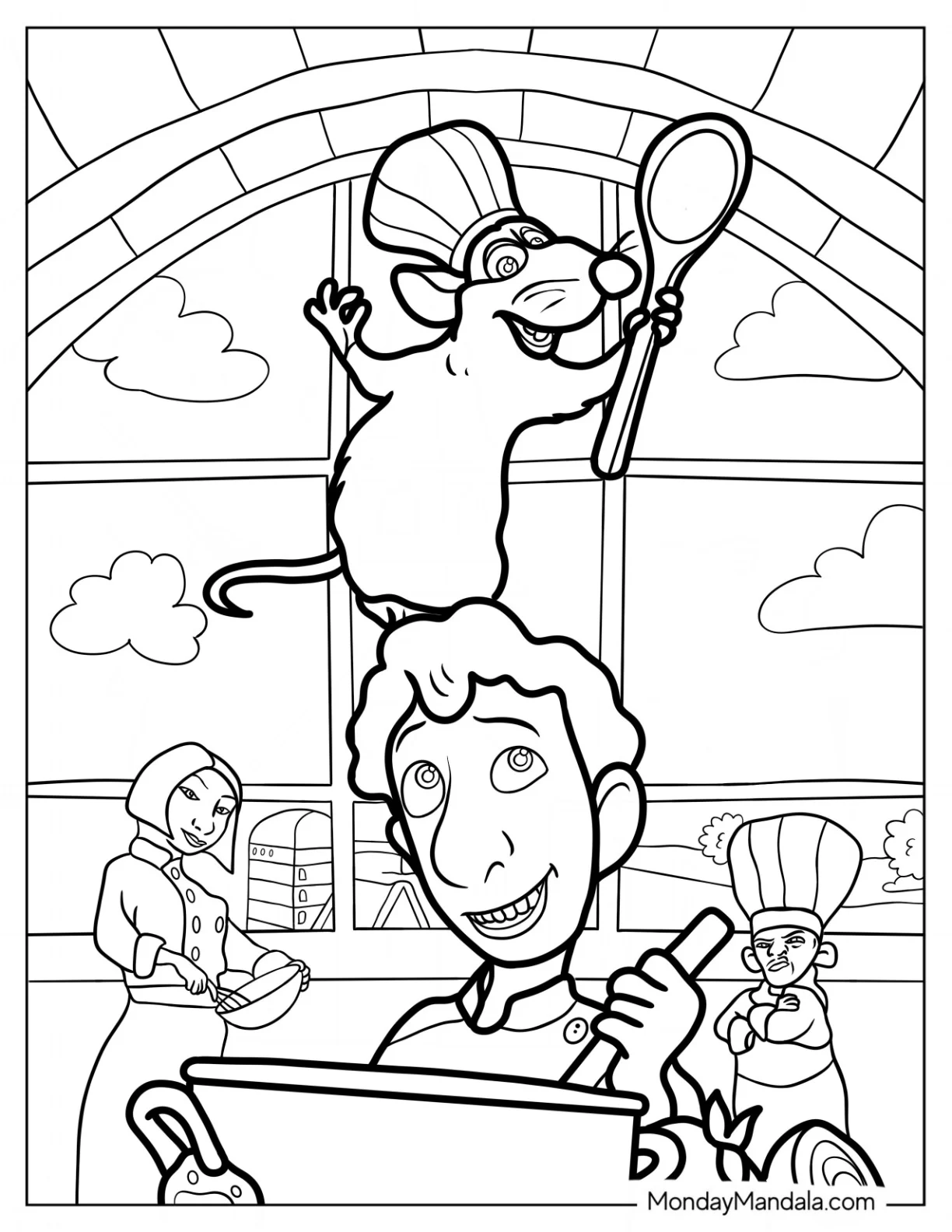 Ratatouille Coloring Page Standing On Alfredo s Head With Colette And Skinner In The Background coloring page