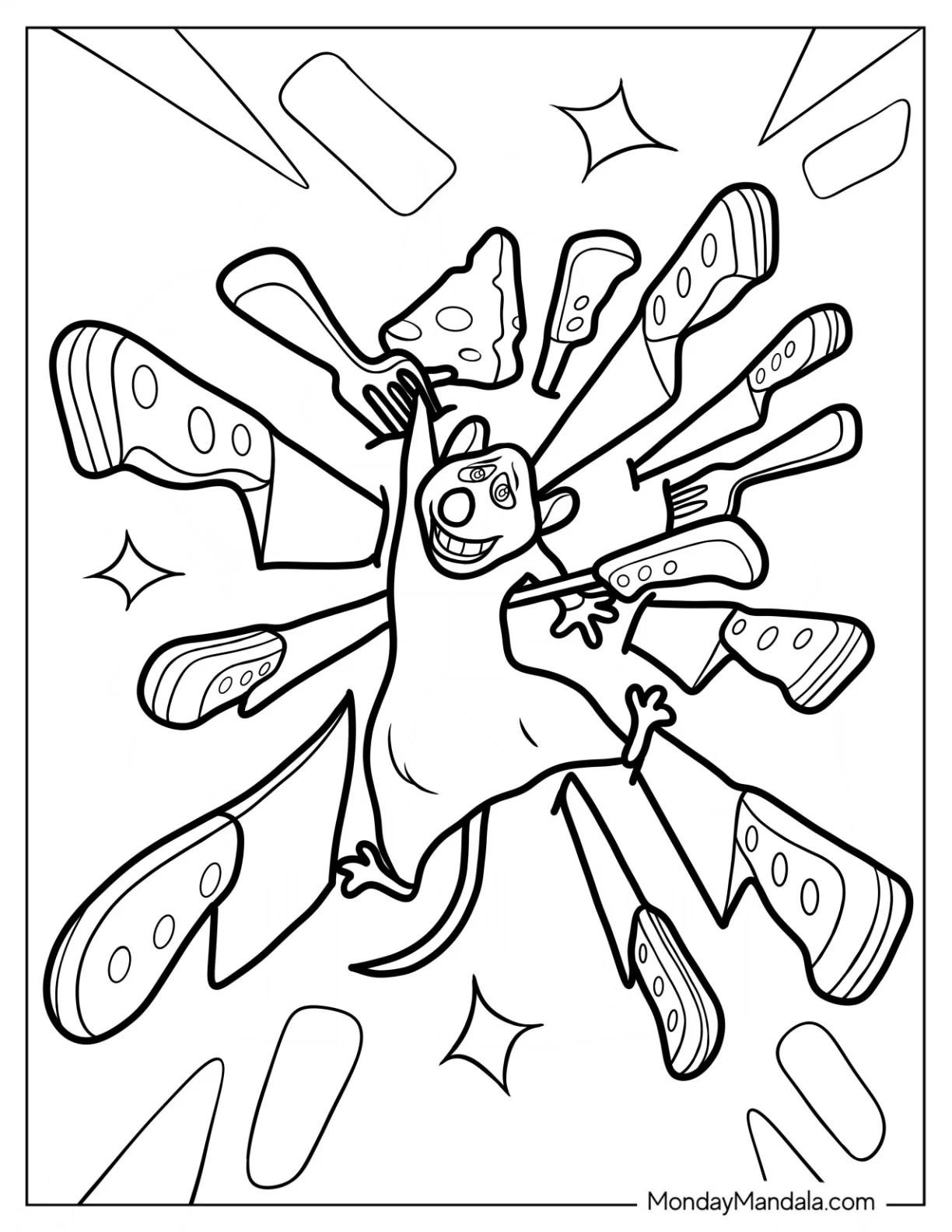 Ratatouille Coloring Page Surrounded By Kitchen Knives coloring page