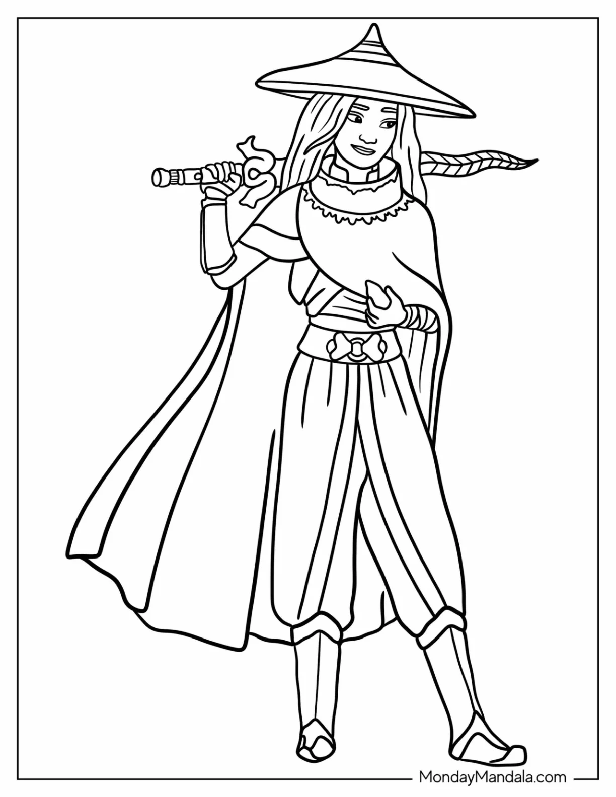 Easy Raya And The Last Dragon Coloring Page Outline With Her Hat And Cape For Kids coloring page