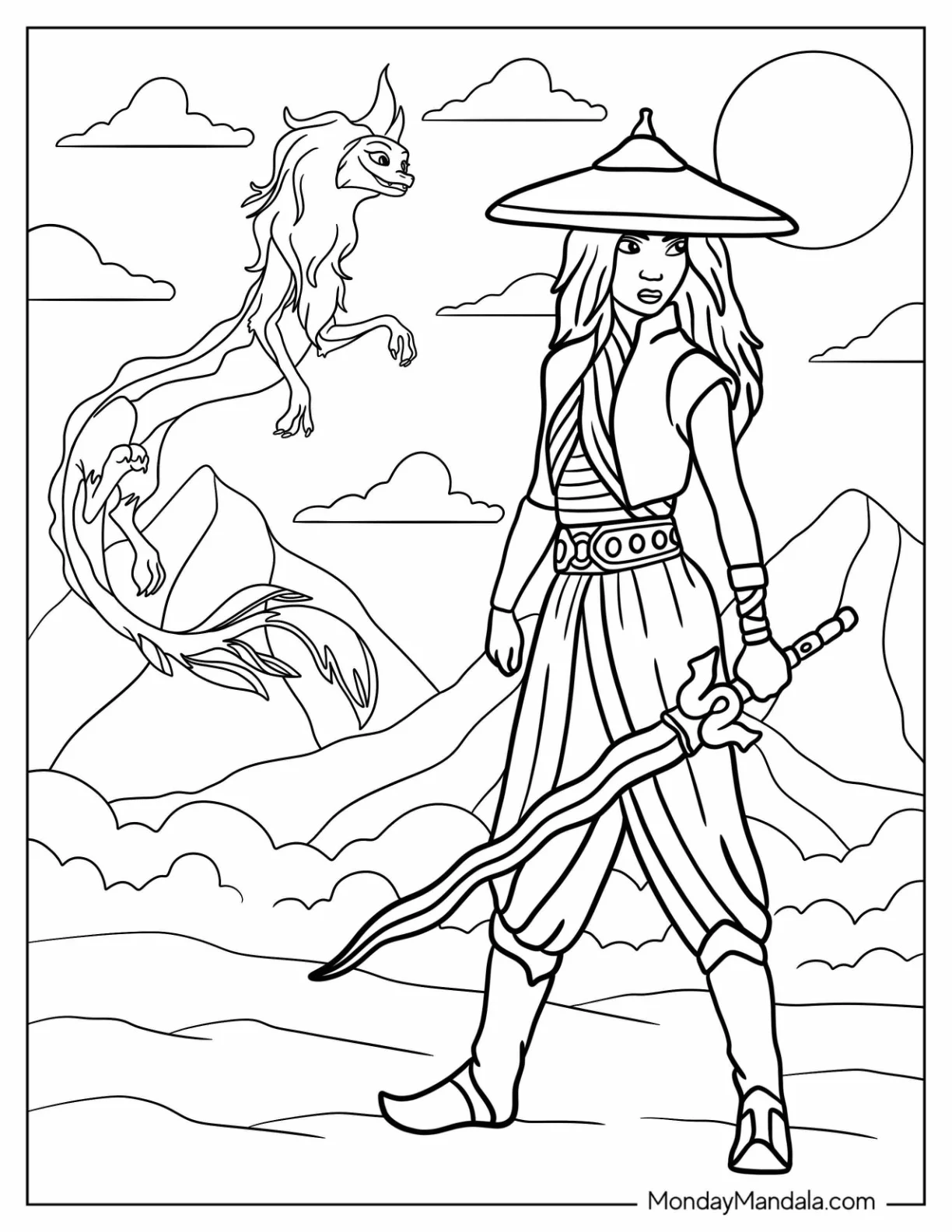 Raya And The Last Dragon Coloring Page Holding Her Sword With Sisu Flying In The Background coloring page