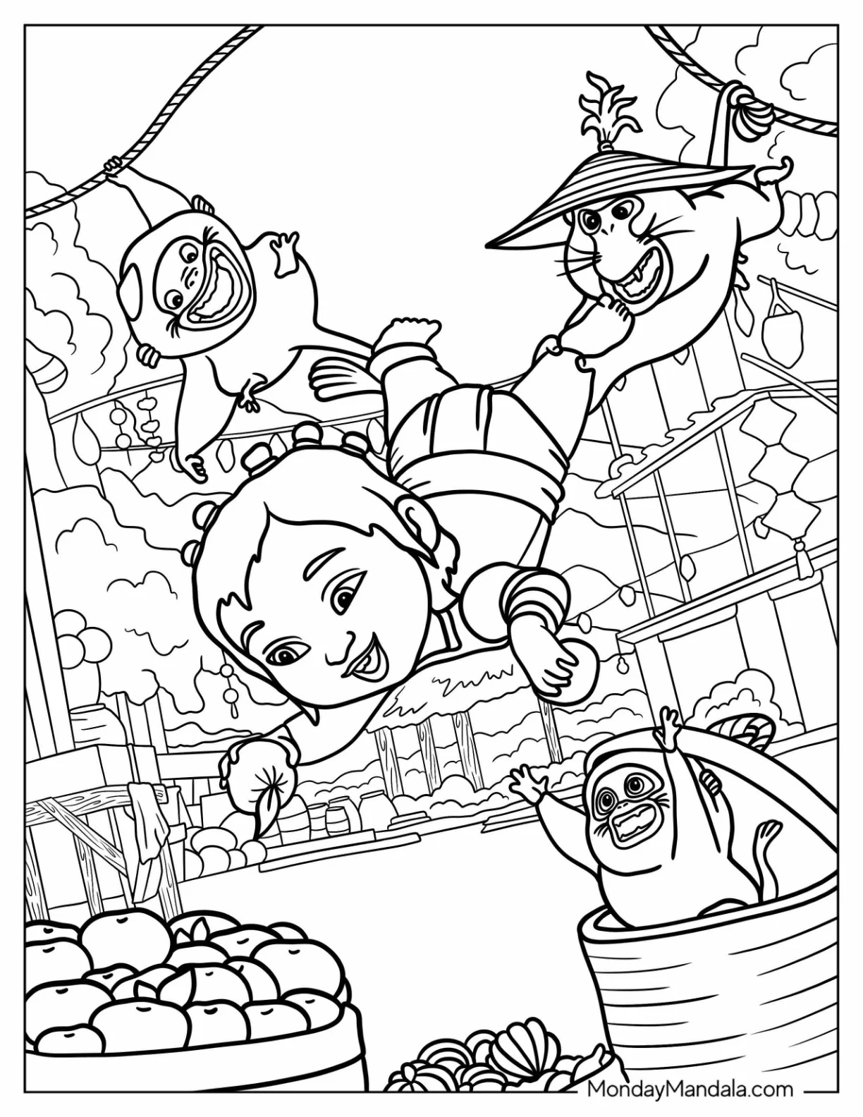 Raya And The Last Dragon Coloring Page Of Noi Stealing Fruits With The Ongis coloring page
