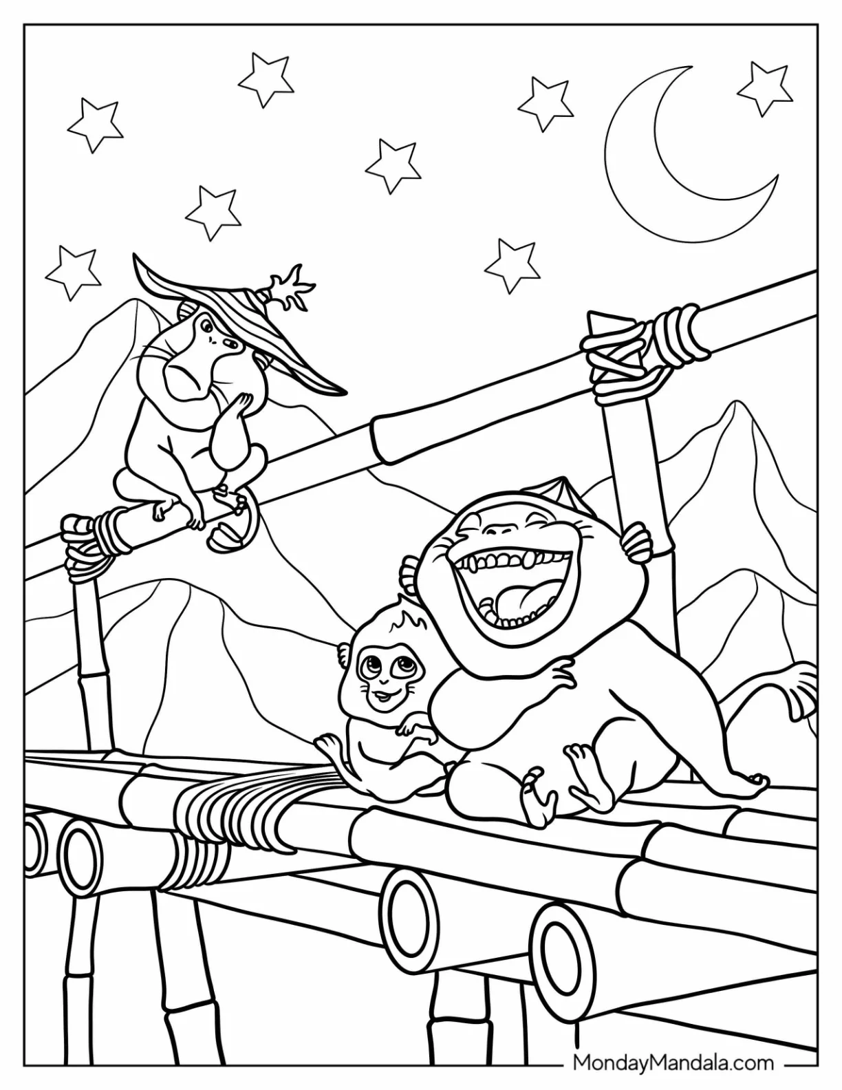 Raya And The Last Dragon Coloring Page Of Ongis Dyan, Pan, and Uka Laughing On Bamboo Bridge coloring page