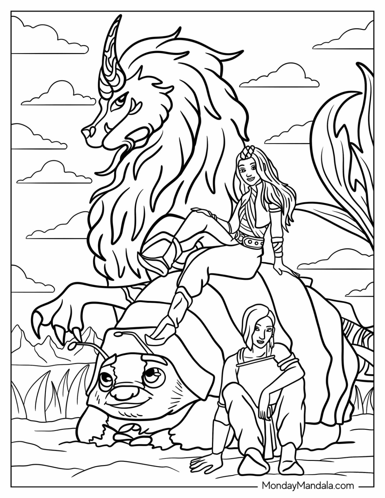 Raya And The Last Dragon Coloring Page Of Raya, Sisu, Tuk Tuk, And Namaari coloring page