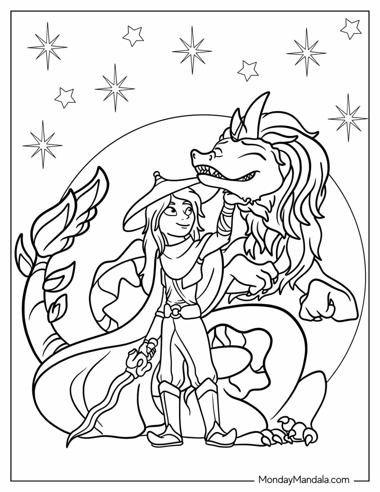 Raya And The Last Dragon Coloring Page Of Raya Tickling Sisu s Chin For Kids coloring page