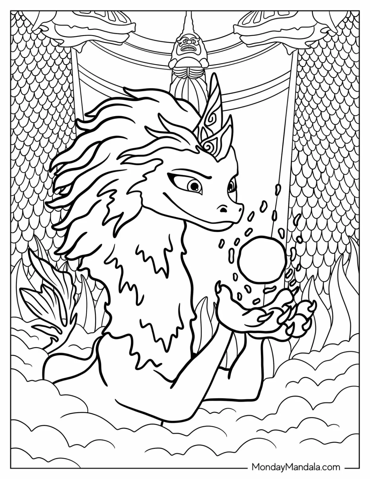 Raya And The Last Dragon Coloring Page Of Sisu Holding Magical Ball Of Water coloring page