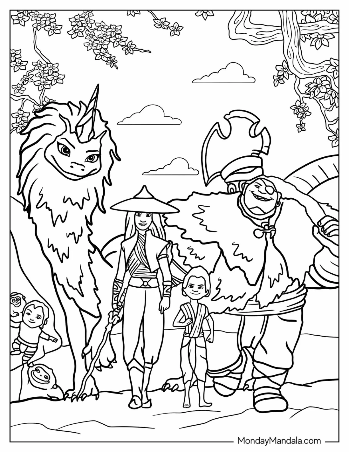 Raya And The Last Dragon Coloring Page Of Sisu, Raya, Boun, Tong, Noi, And The Ongis coloring page