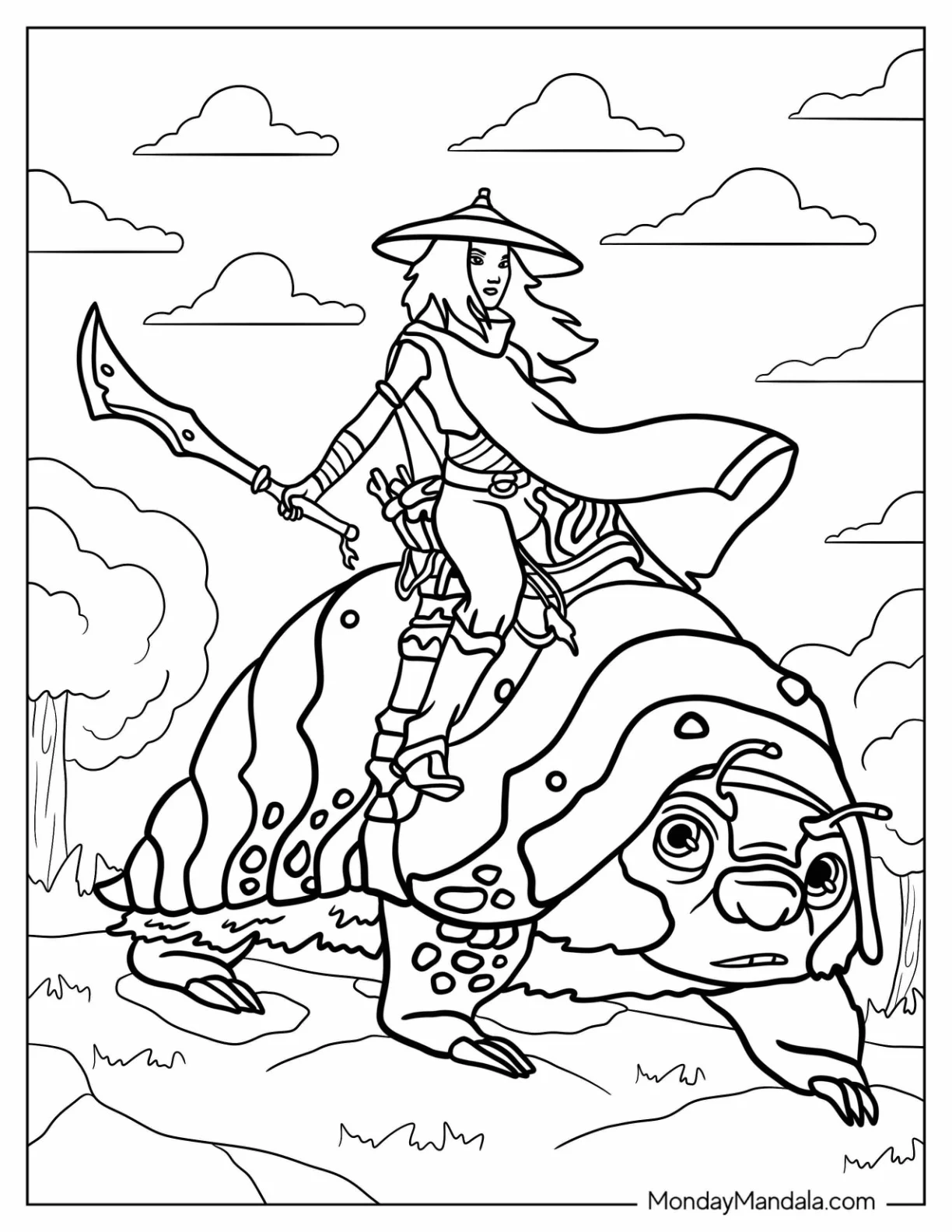 Raya Sitting On Top Of Tuk Tuk With Her Sword coloring page