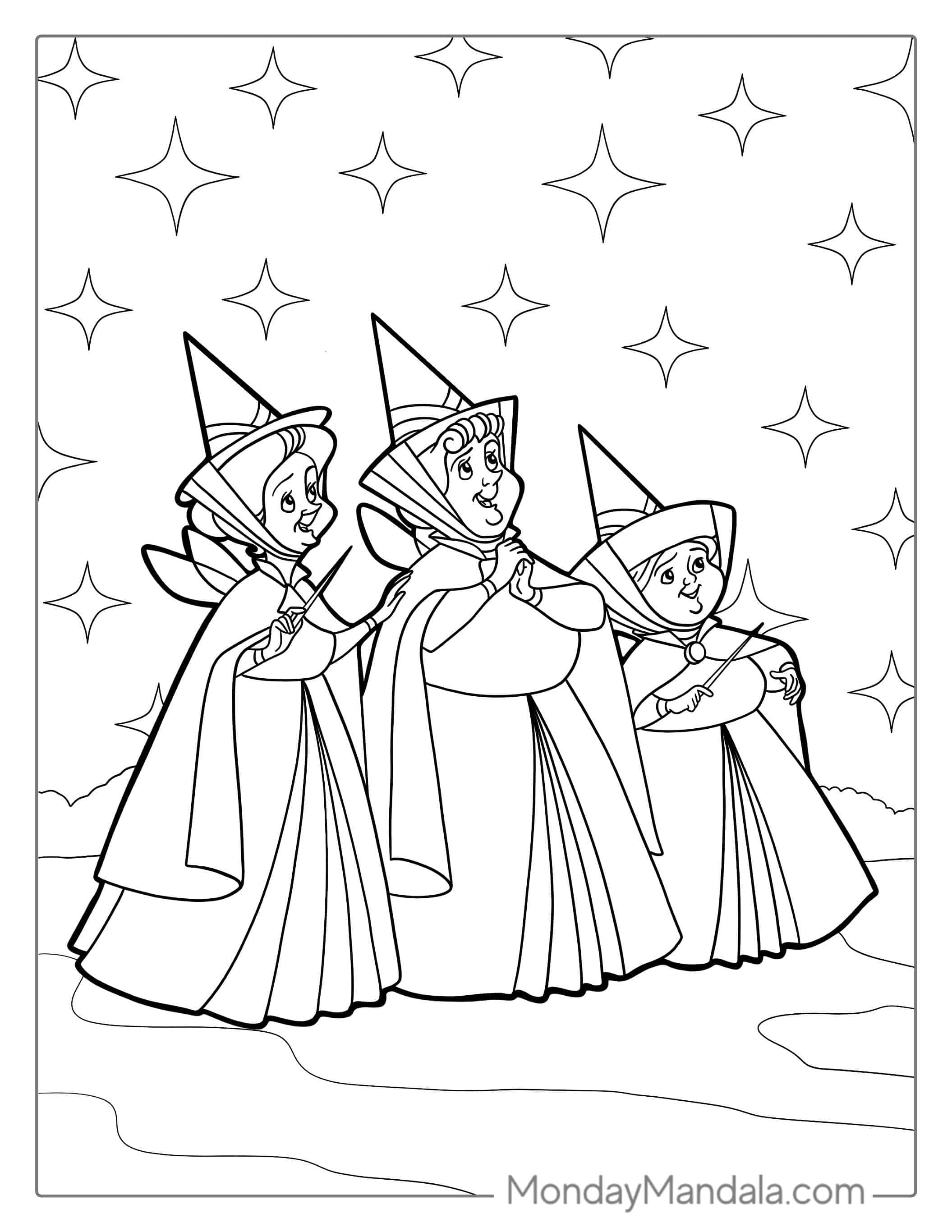 Coloring Page Of Flora, Fauna, and Merryweather coloring page