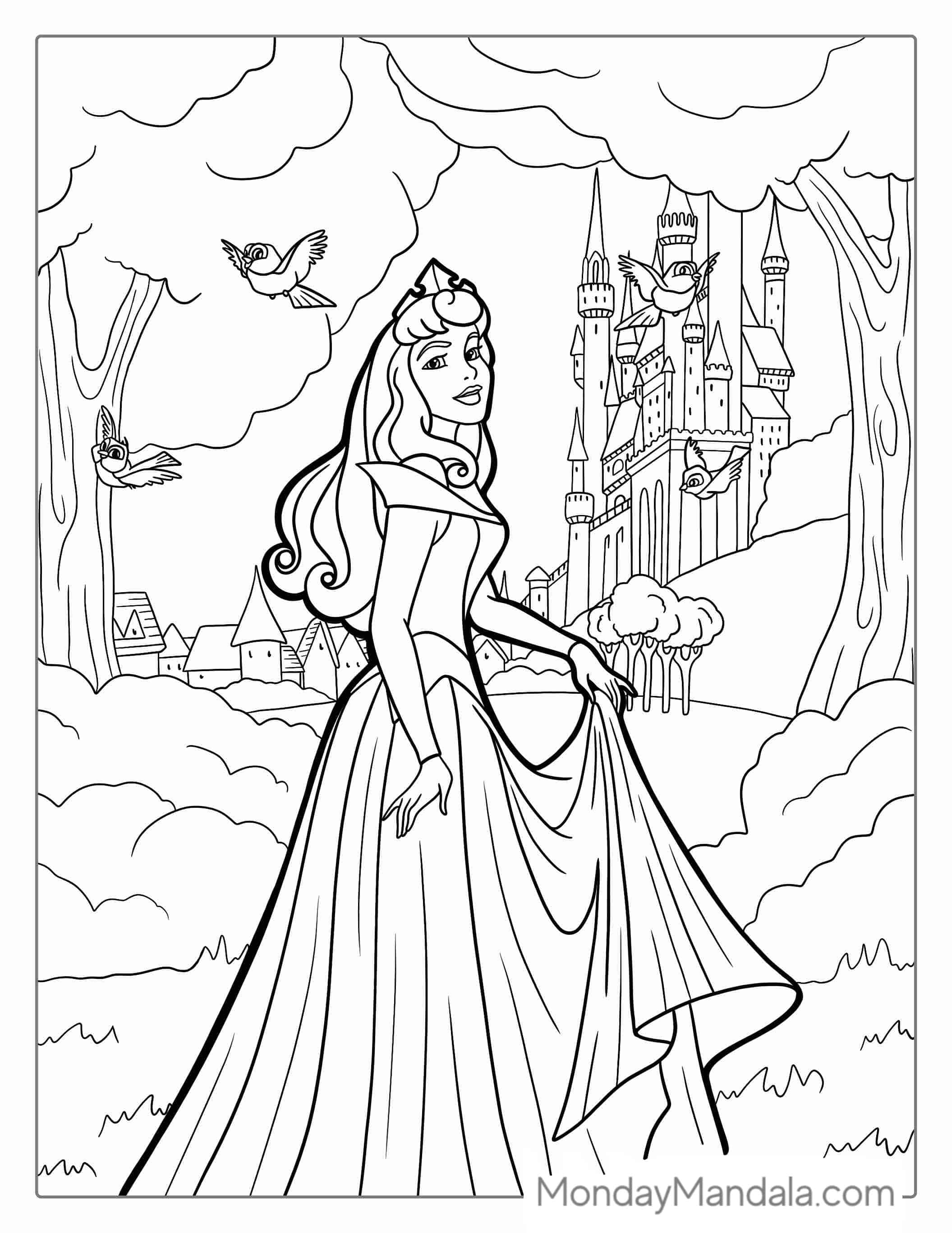 Coloring Page Of Sleeping Beauty With Castle In Background coloring page