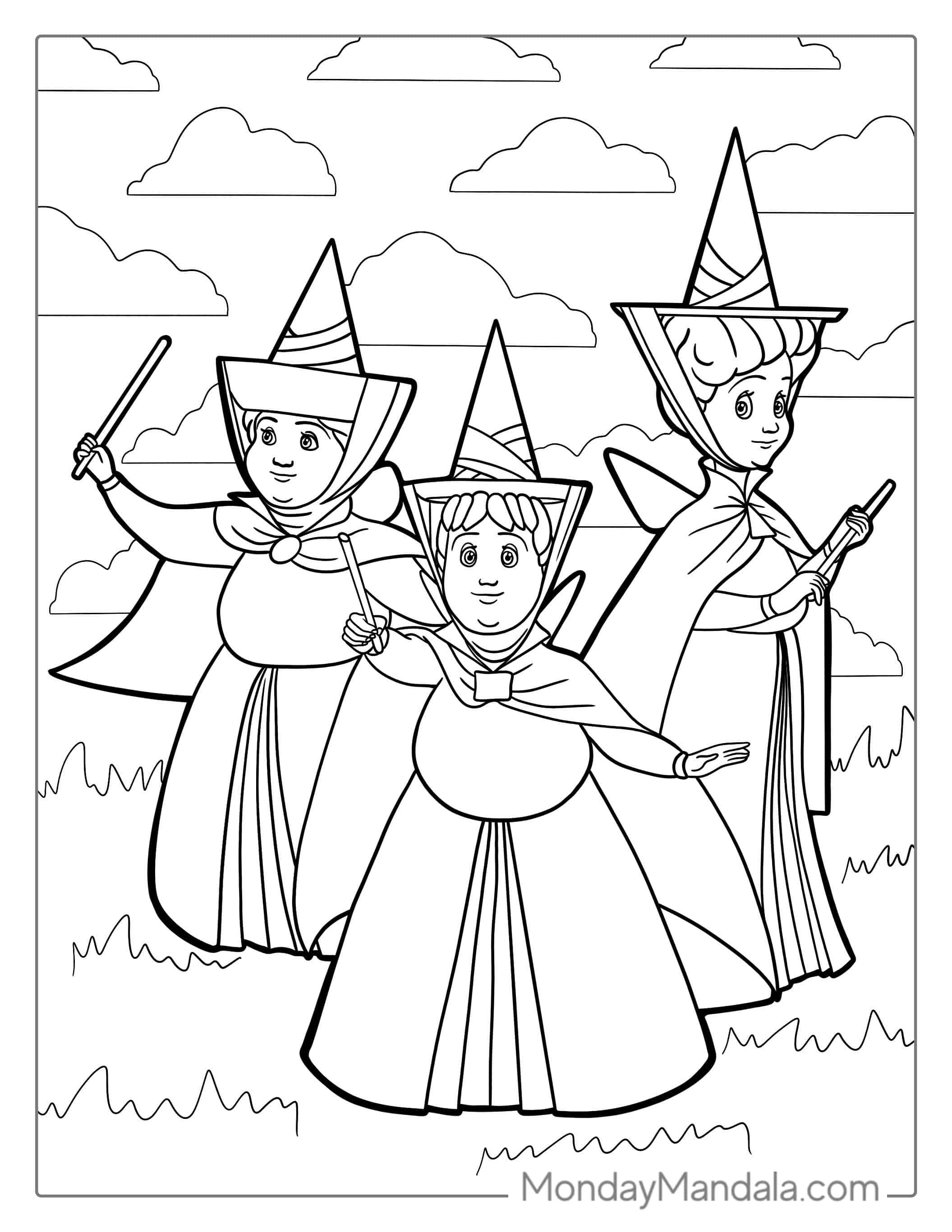 Flora, Fauna, and Merryweather Fairies Coloring Sheet coloring page