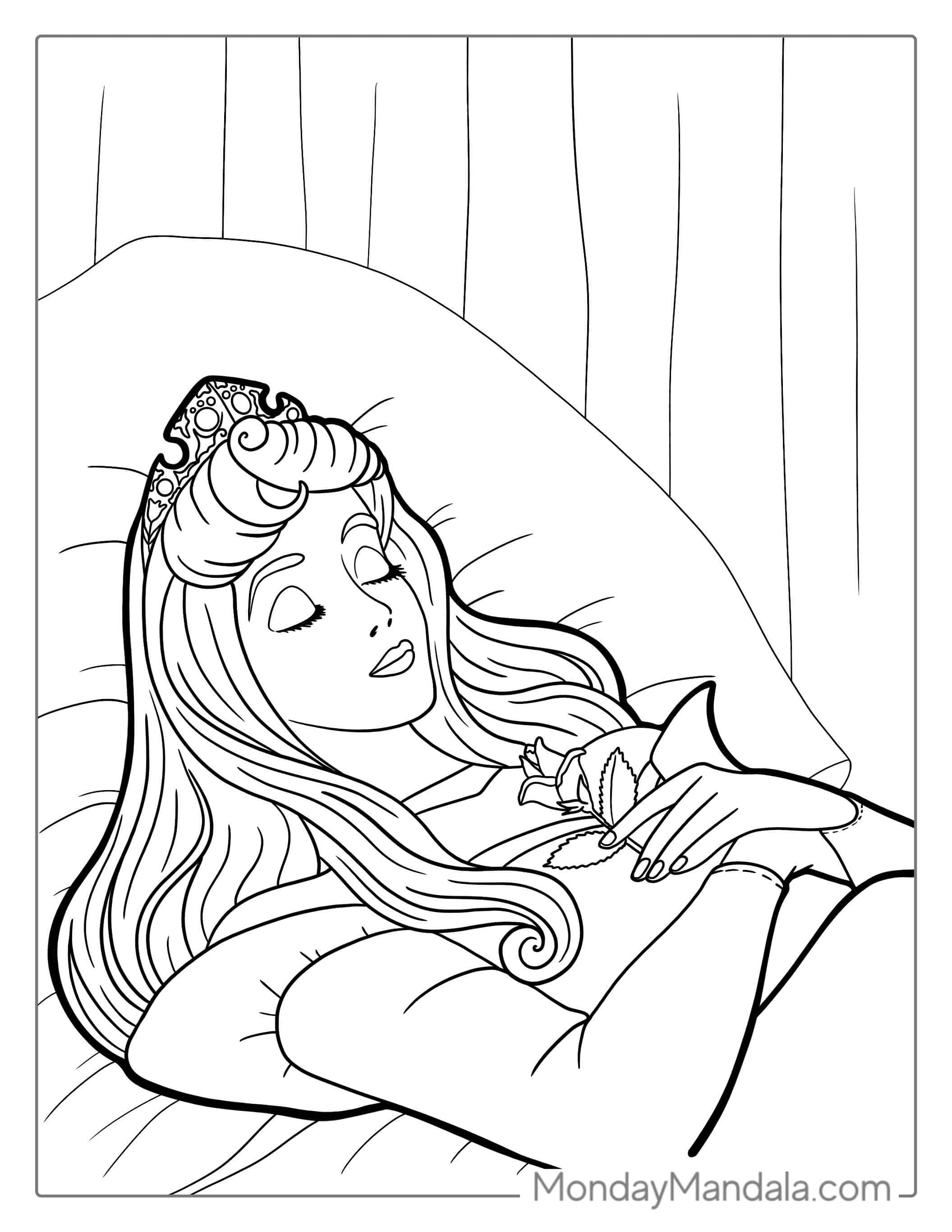 Sleeping Beauty Asleep In Bed Coloring Page coloring page — printable line art