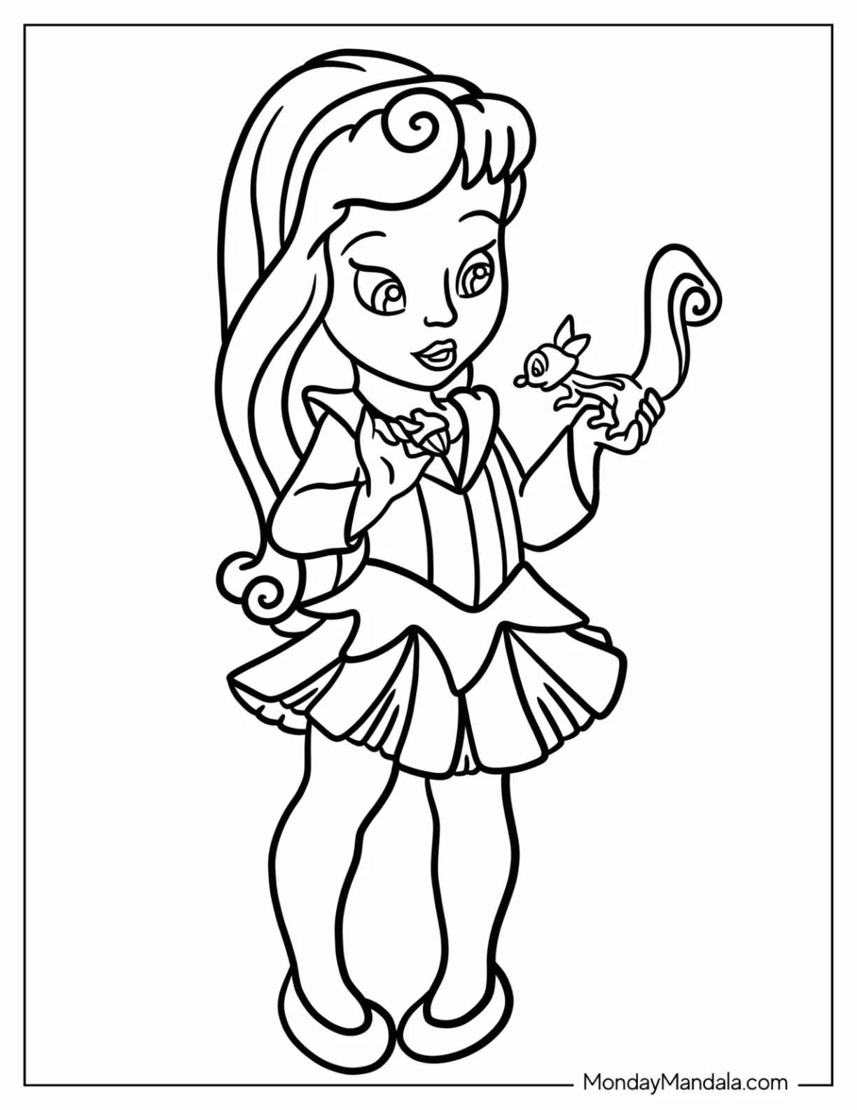 Sleeping Beauty Coloring Page Of Baby Princess Aurora Playing With A Squirrel For Kids coloring page