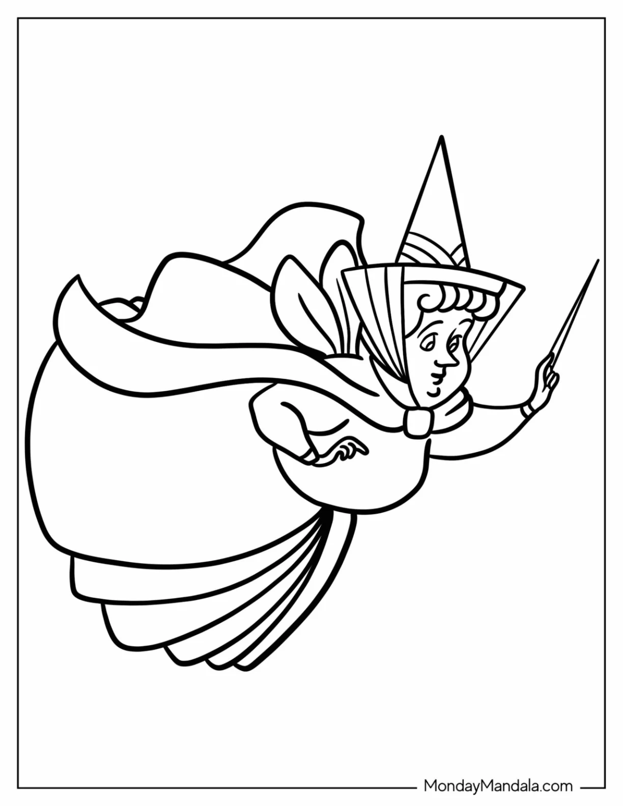 Sleeping Beauty Coloring Page Of Fairy Godmother Flora For Kids coloring page — printable line art