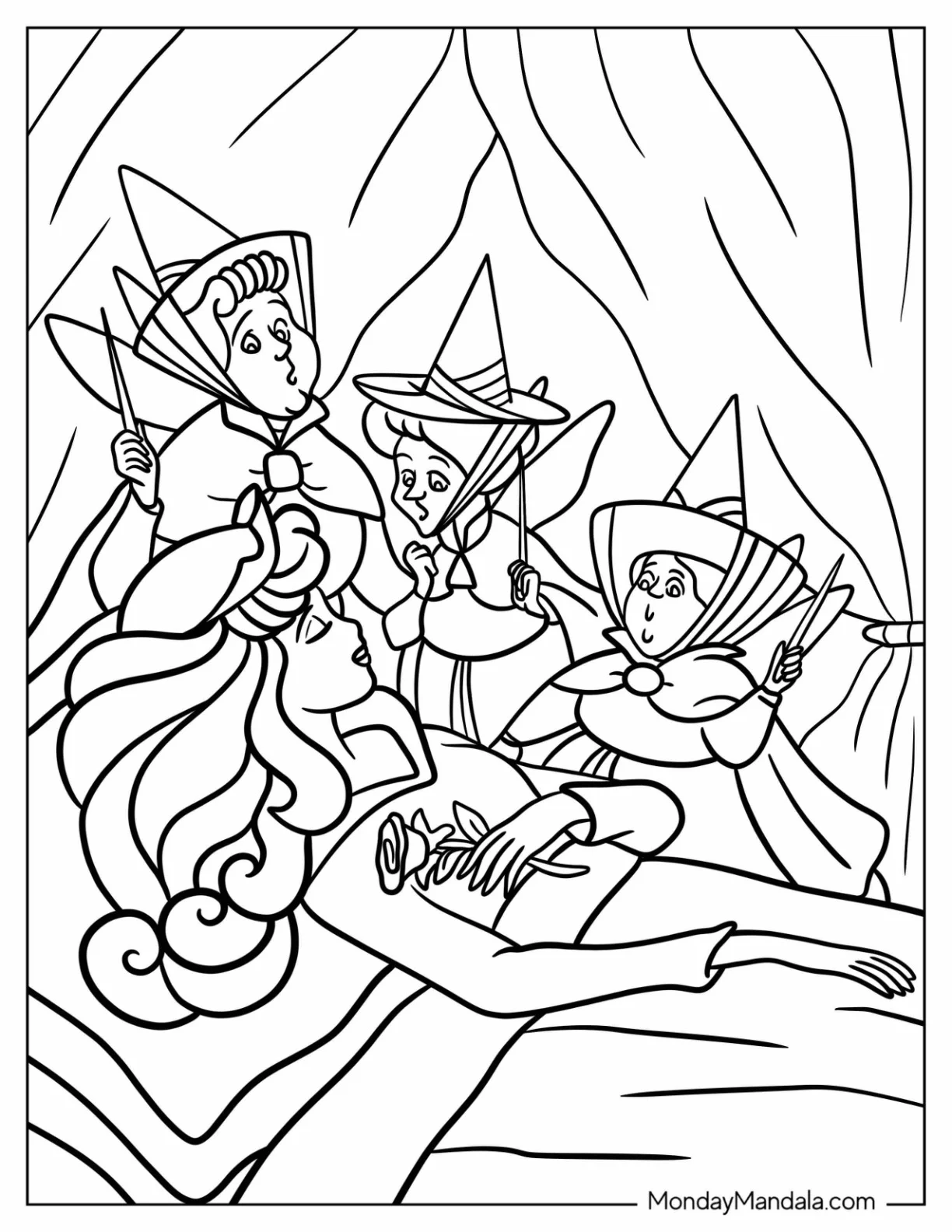 Sleeping Beauty Coloring Page Of Fairy Godmothers Flora, Fauna, And Merryweather Beside Sleeping Beauty coloring page — printable line art