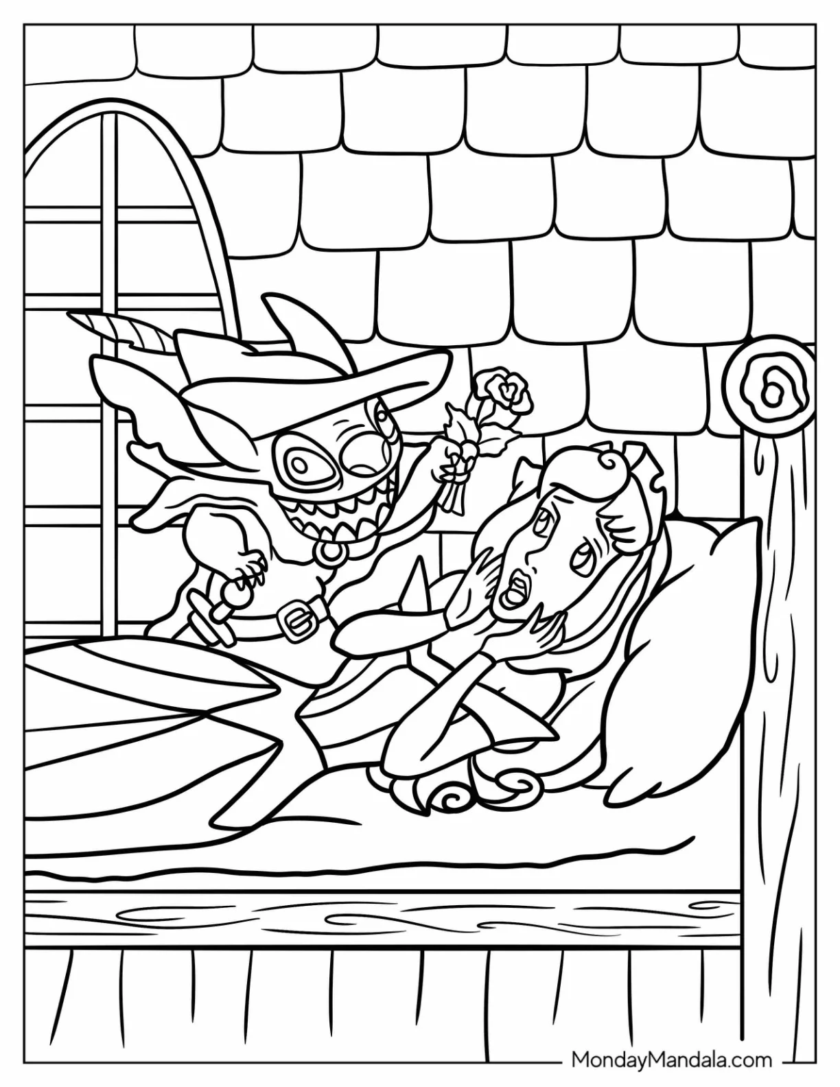 Sleeping Beauty Coloring Page Of Funny Stitch Scaring Princess Aurora coloring page