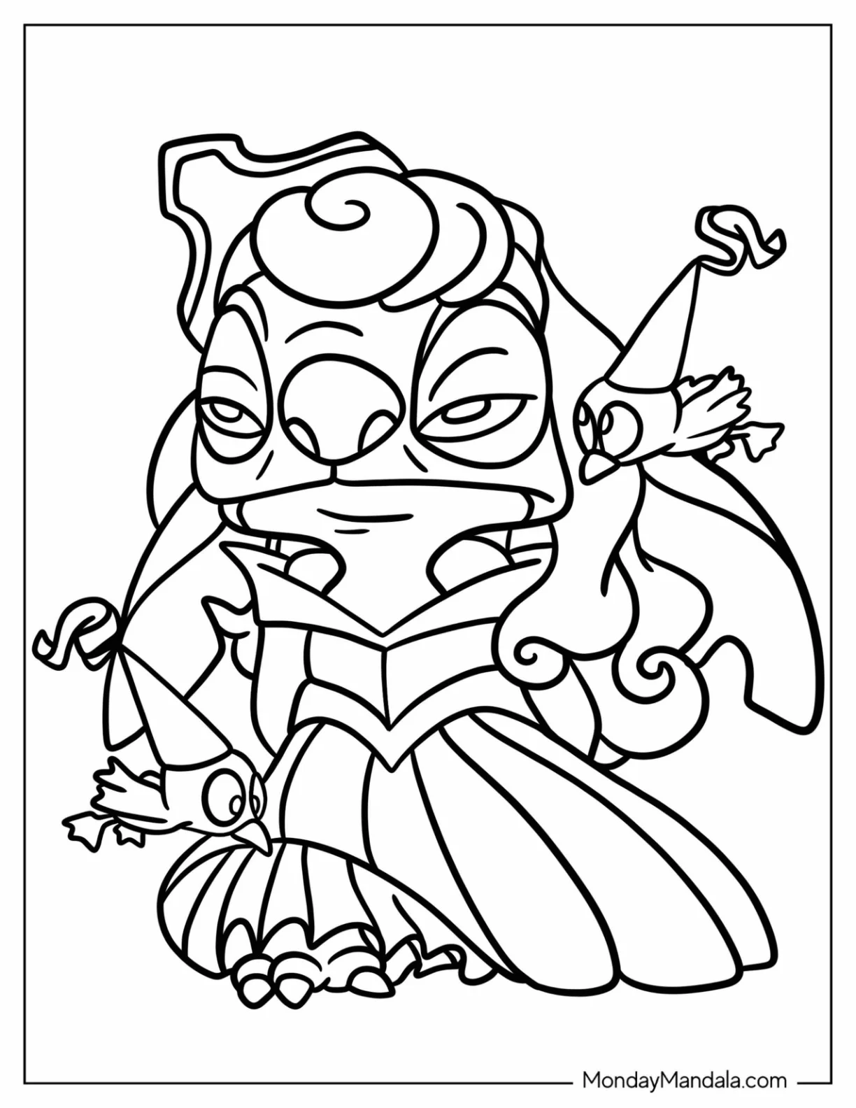 Sleeping Beauty Coloring Page Of Kawaii Stitch As Princess Aurora For Preschoolers coloring page — printable line art