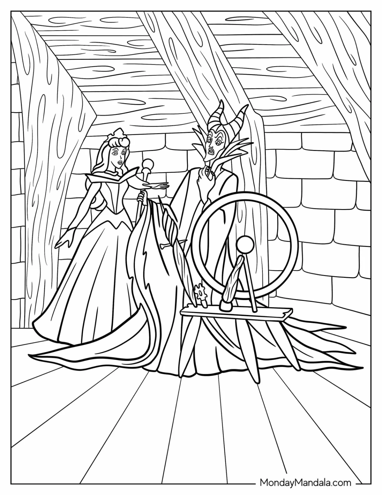 Sleeping Beauty Coloring Page Of Maleficent Guiding Princess Aurora To The Spinning Wheel coloring page